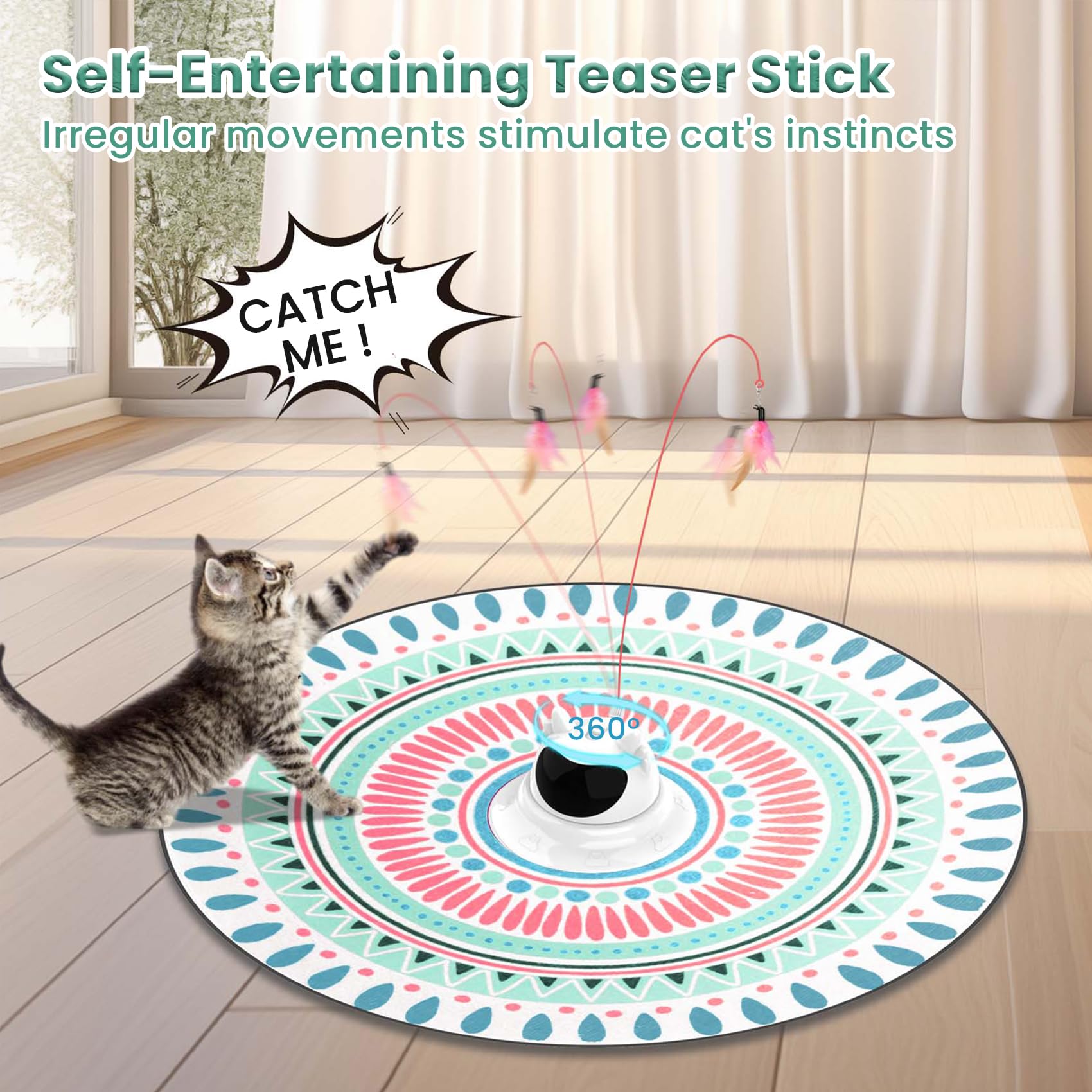 Petinstinct 3 In 1 Automatic Interactive Cat Toy, Cat Laser Pointer Toy With Random Trajectory, Hide And Seek Moving Feather, Re
