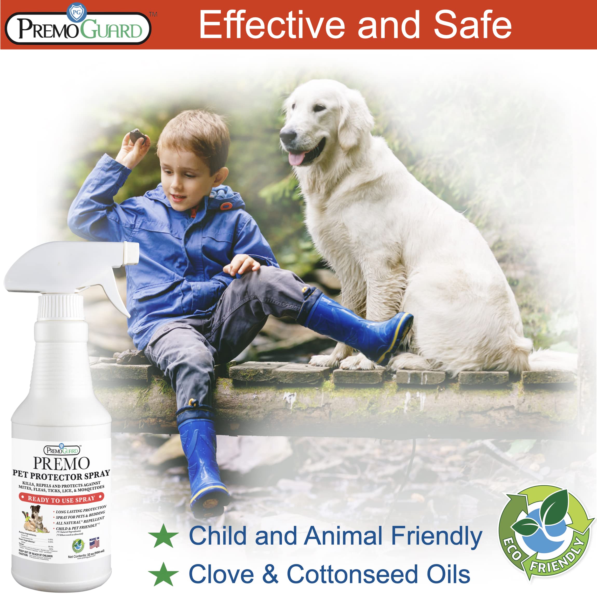 Premo Guard Pet Protector Spray - Natural Mite, Flea, Tick & Mosquito Control for Dogs & Cats - 32 oz