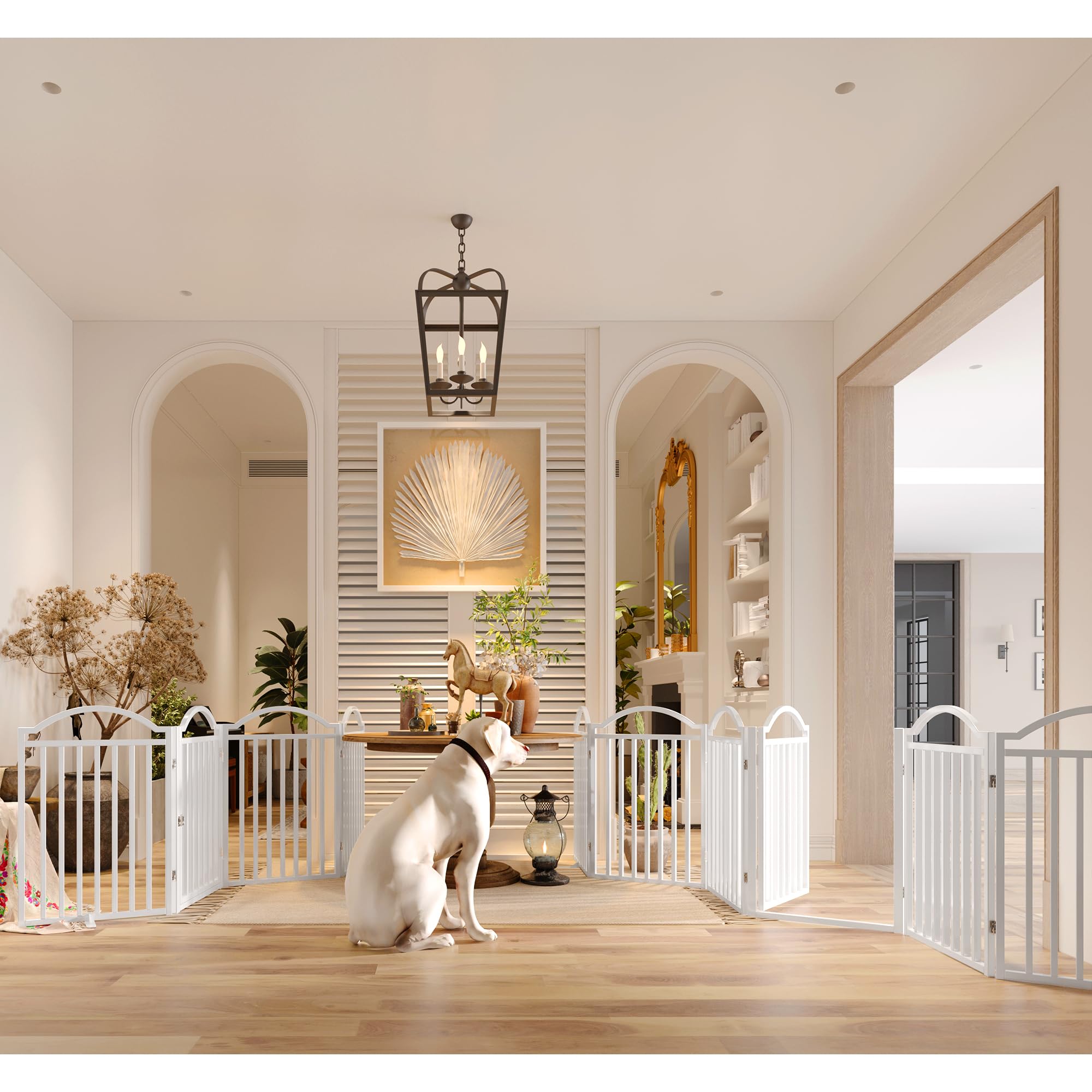 BHG Metal Freestanding Dog Gate with Door, Extra Wide 144", Extra Tall 32", 6 Panels, White, Model LAS001