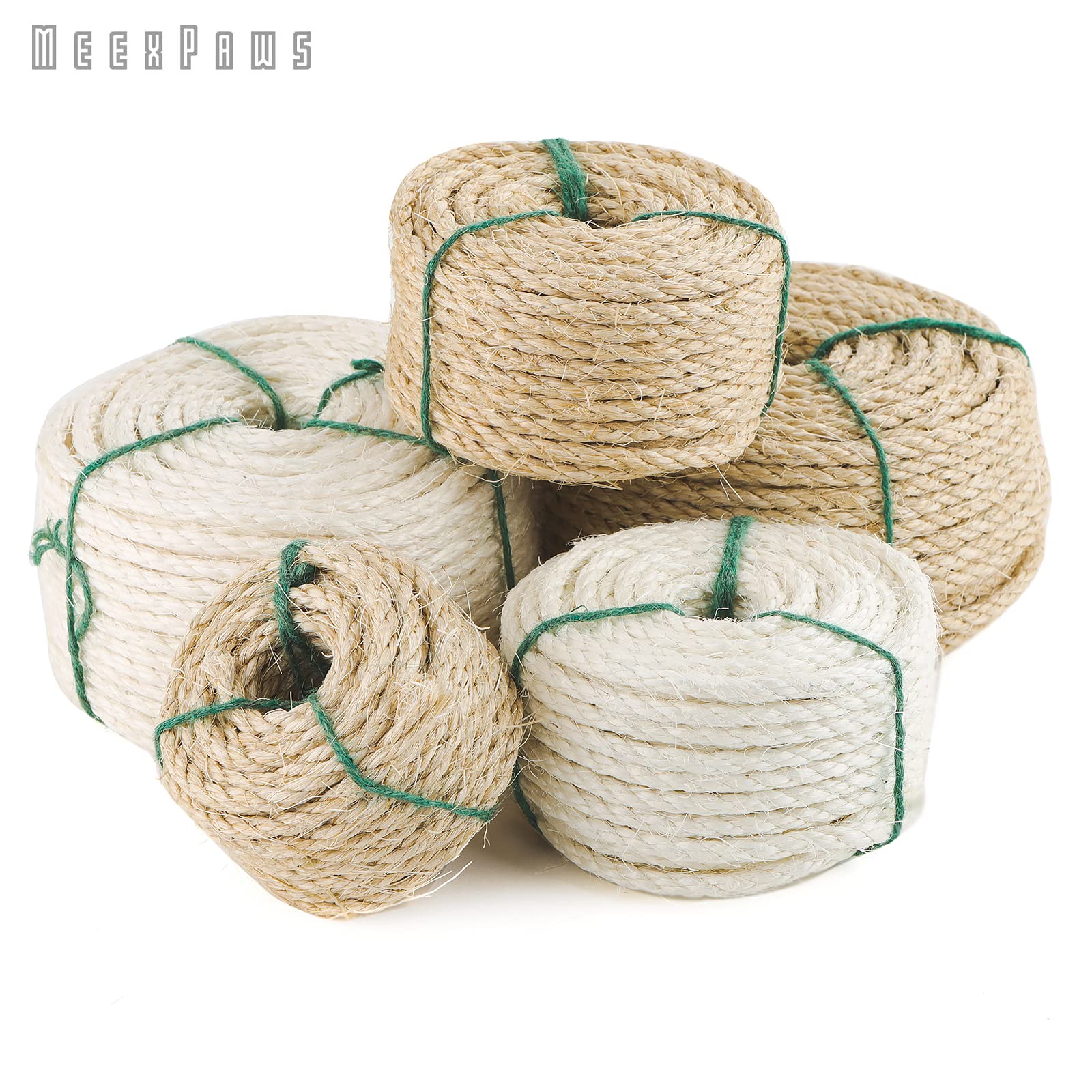Meexpaws Natural Strong Sisal Rope Replacement For Cat Scratching Posts | Adhesive Tapes For Winding Easy & Tight | 1/4 ?Diameter | Brown | 164Ft