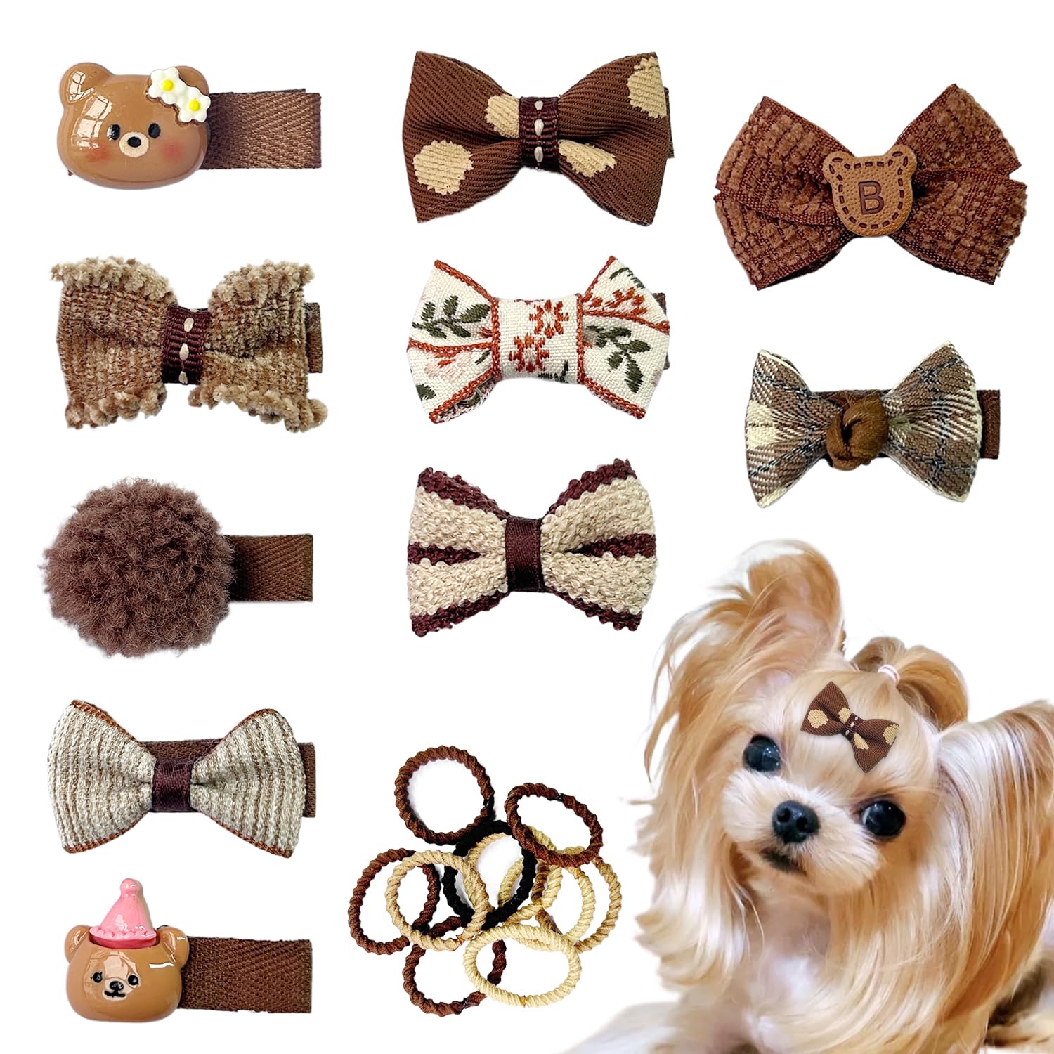 10Pcs Brown Dog Hair Clips 10Pcs Rubber Bands Small Dog Bows Beige Cute Pet Grooming Accessories Alligator Clips Stay In Hair Be