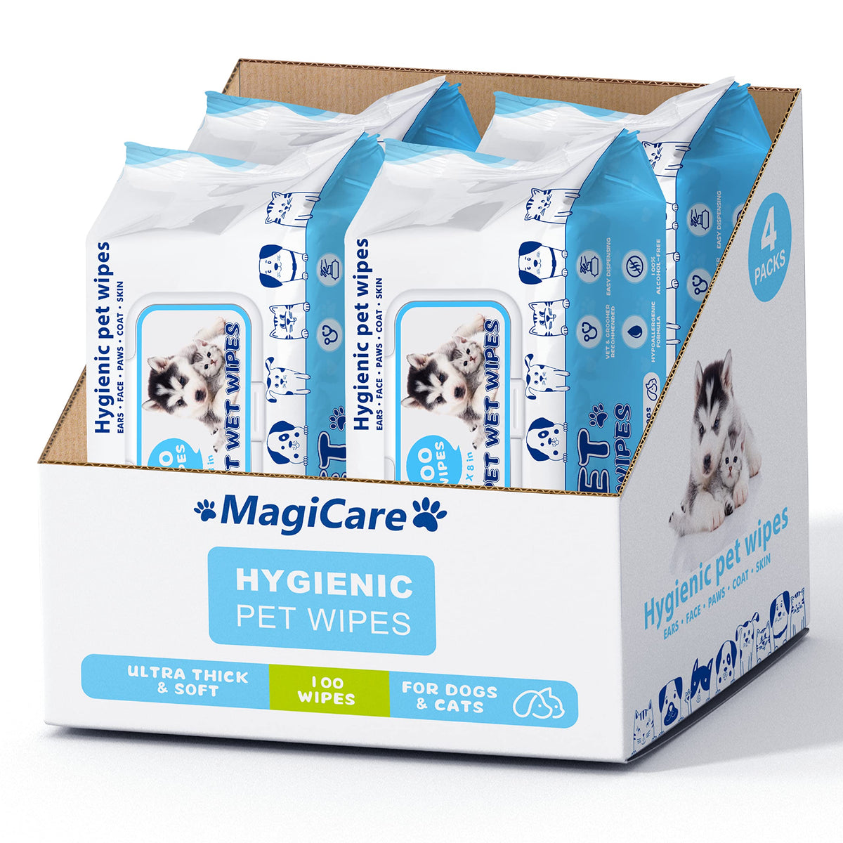 Magicare Pet Wipes - 400 Pcs Dog Wipes - 8X8 Inch Unscented Dog Paw Cleaner Wipes For Body, Ears, Face, And Skin - Ultra Thick & Soft With Hypoallergenic Formula - Ideal Pet Wipes For Dogs & Cats