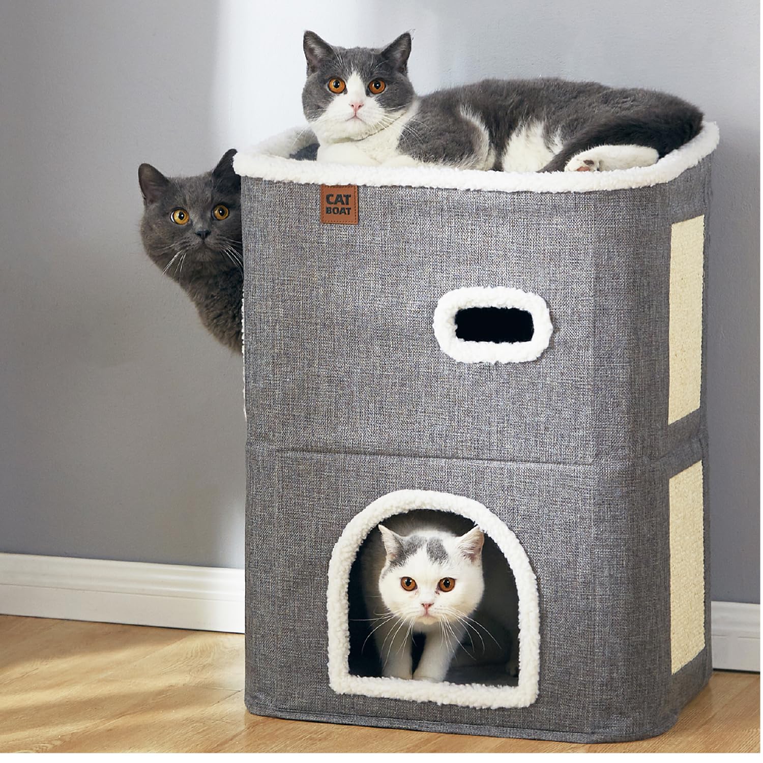 Catboat 2-Storey Cat House For Indoor Cats Bed, Covered Beds & Furniture With Scratch Pad And Hideaway Cave, Cute Modern Condo F