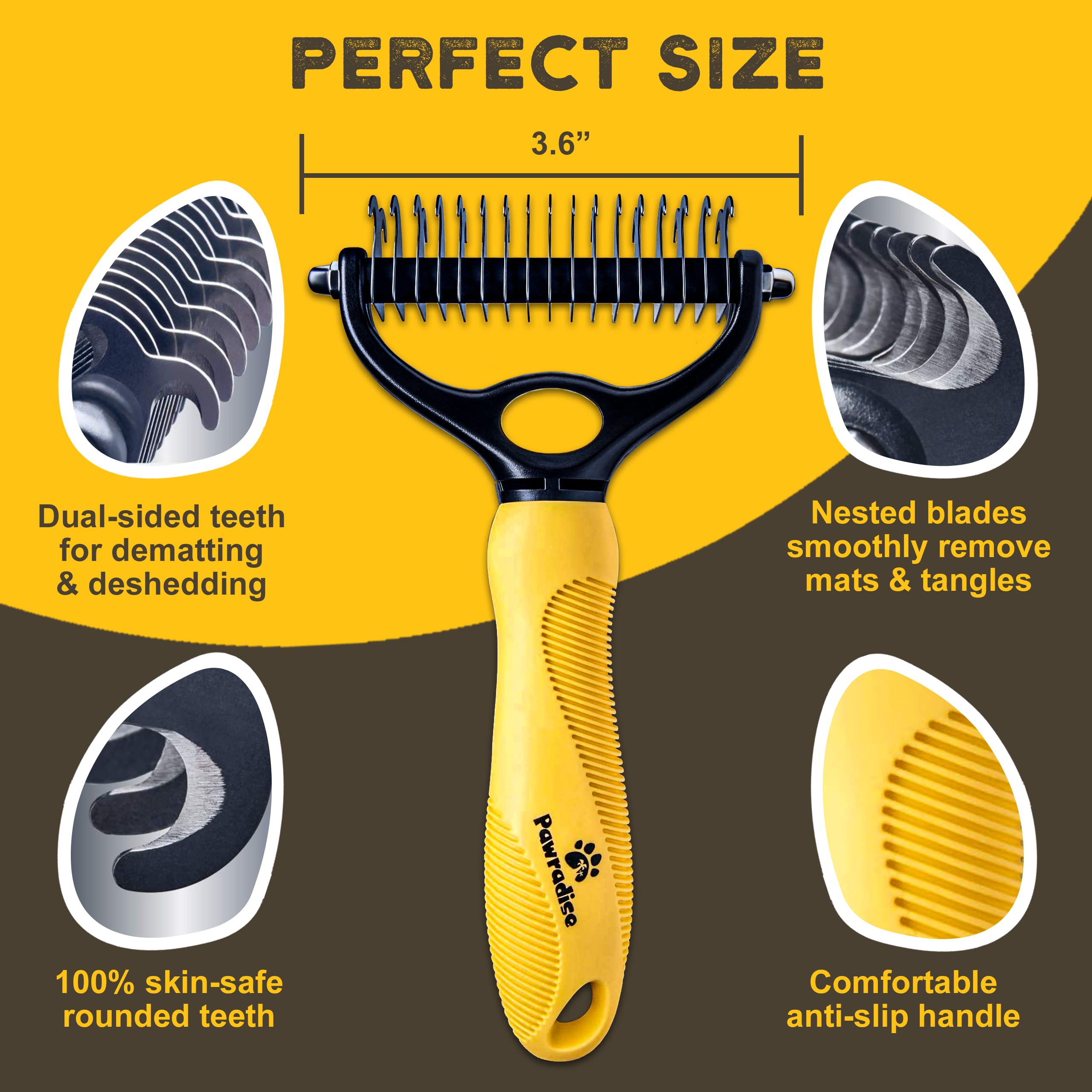 Pawradise Deshedding Dog Brush - Double-Sided Pet Hair Remover For Cats & Dogs - Yellow Undercoat Grooming Rake For Shedding And