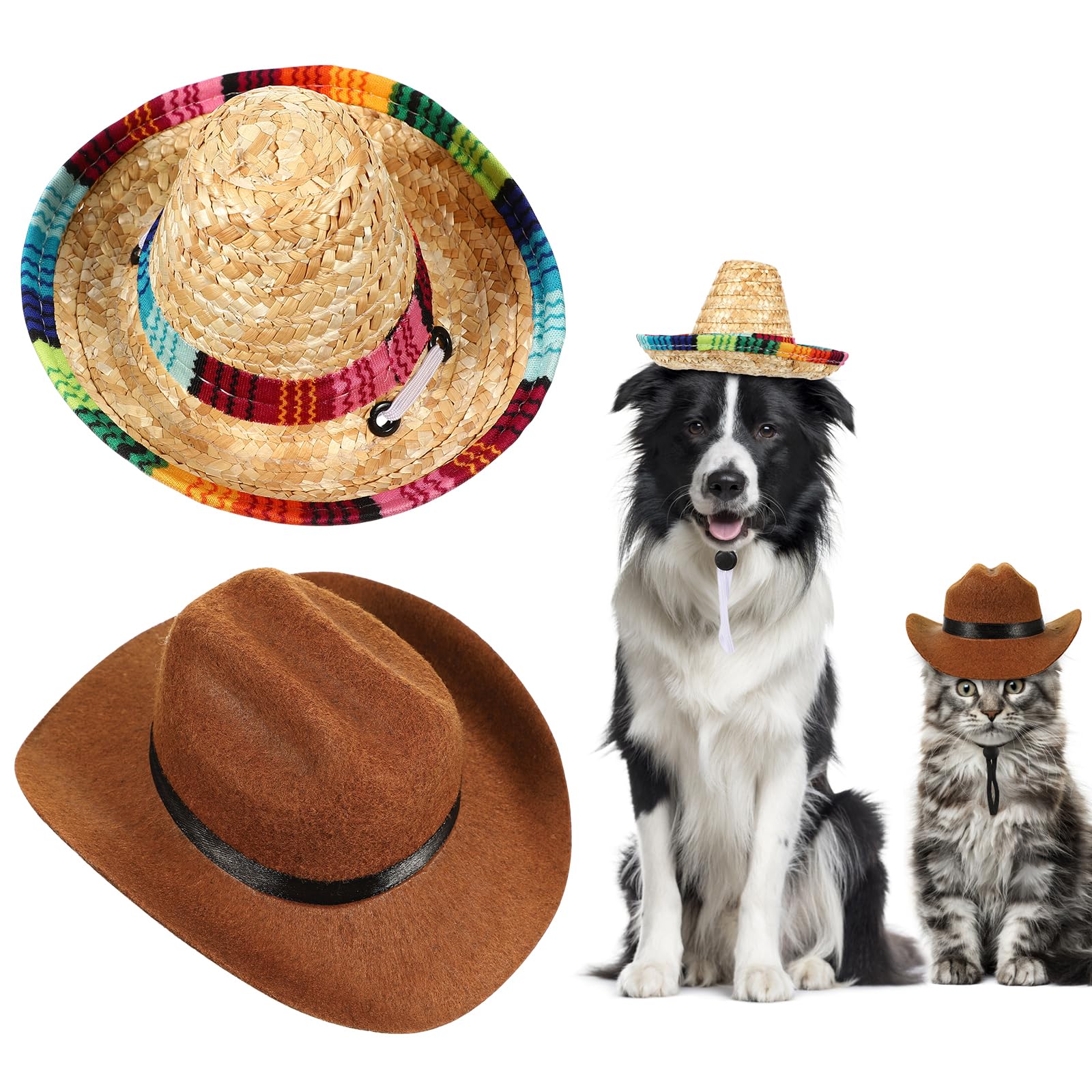 2Pcs Pet Dog Cat Hat Dog Straw Hat- Puppy Summer Sunhat With Adjustable String Pet Hawaii Tropical Mexican Party Headwear