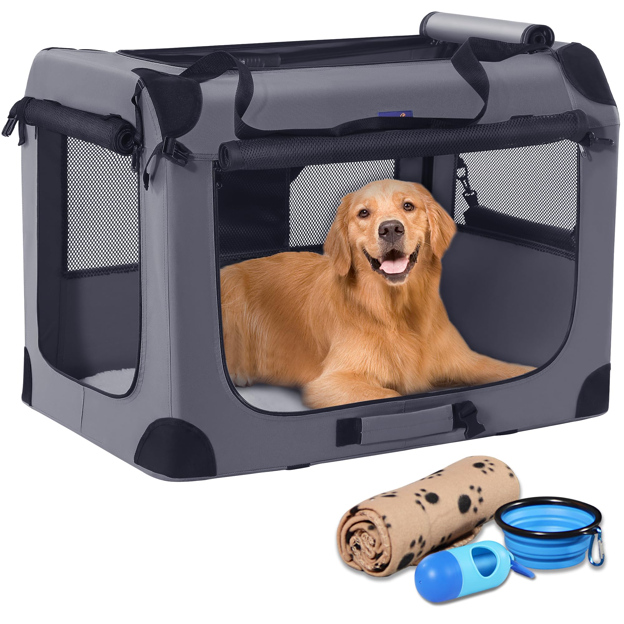 Petprsco 40 Inch Collapsible Dog Crate, Portable Dog Crates For Large Dogs, Xl Dog Crate For Travel, 3 Door Soft Dog Kennel With