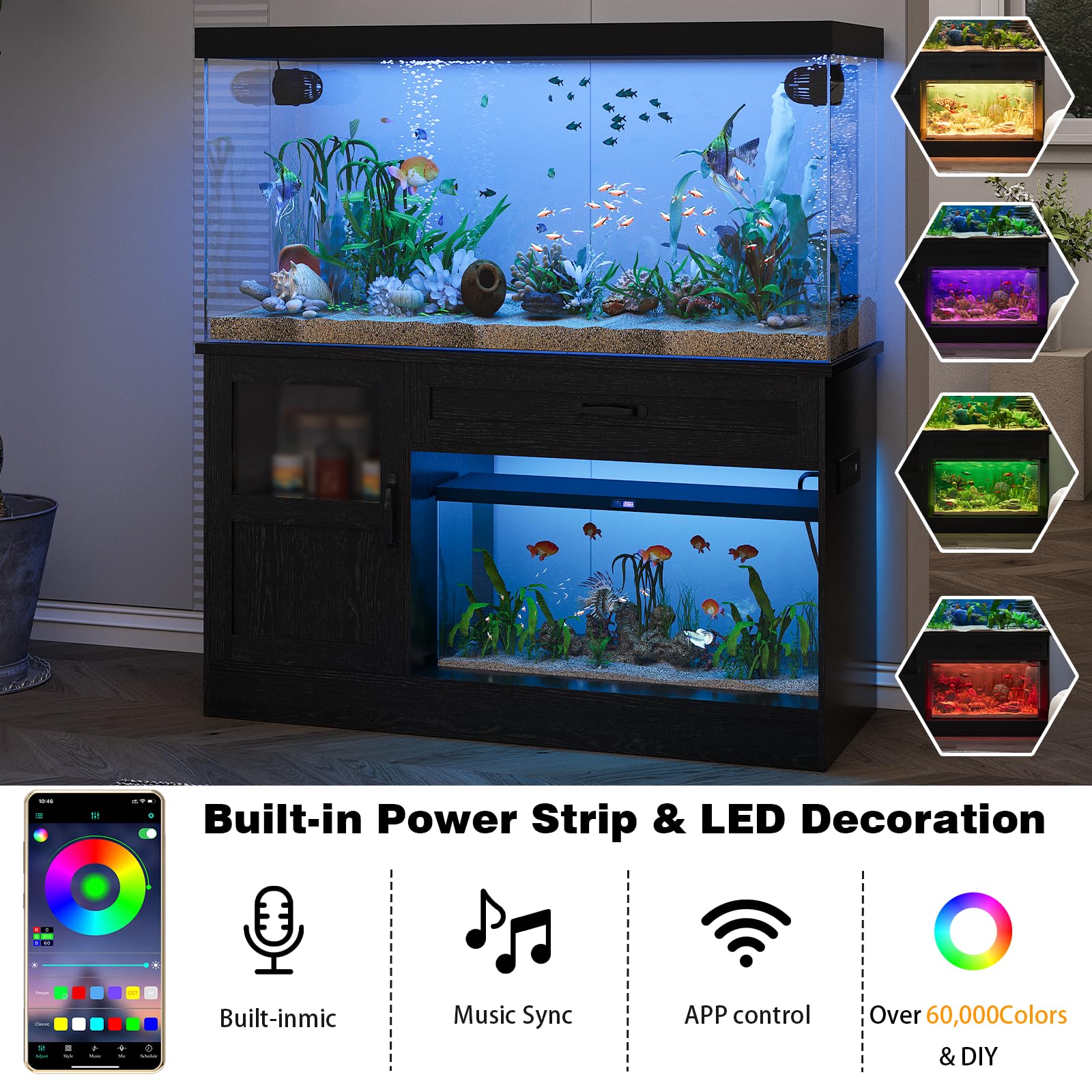 LUMIINOFAMI 40 Gallon Tank Stand, Wooden Aquarium Stand 40 Gallon Fish Tank Stand with Drawer, Reptile Tank Stand with Power Str