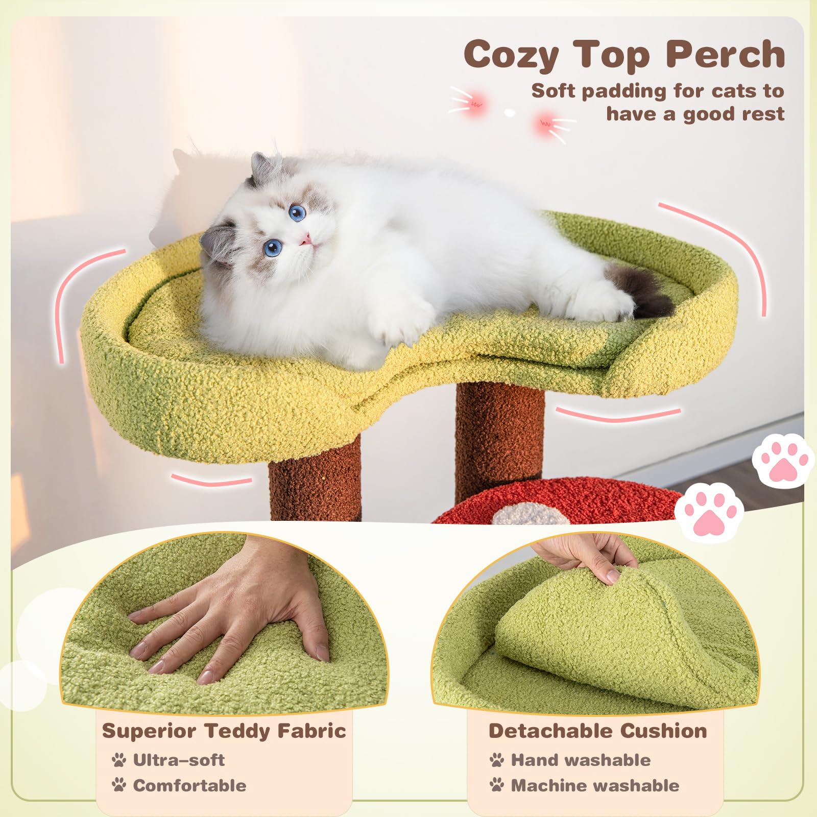 Petsite Mushroom Cat Tree, 37 Inches Tall Multi-Level Cat Tower With Natural Sisal Scratching Posts, Cozy Top Perch & Removable