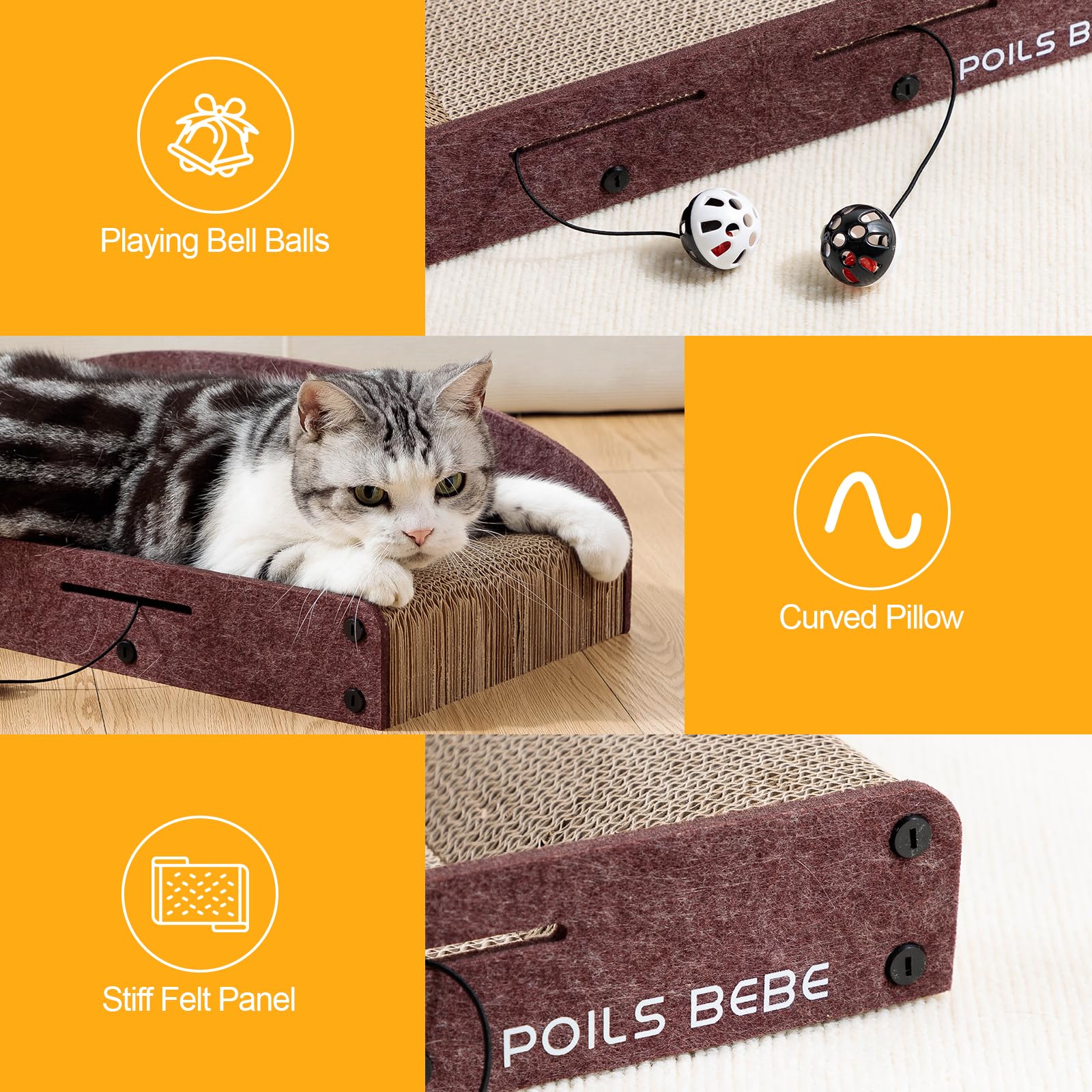 Poils Bebe 21 Caramel Cat Scratcher Sofa with Bell Balls, Durable Cardboard Lounger, Catnip & Toys, Indoor Scratch Furniture Protector