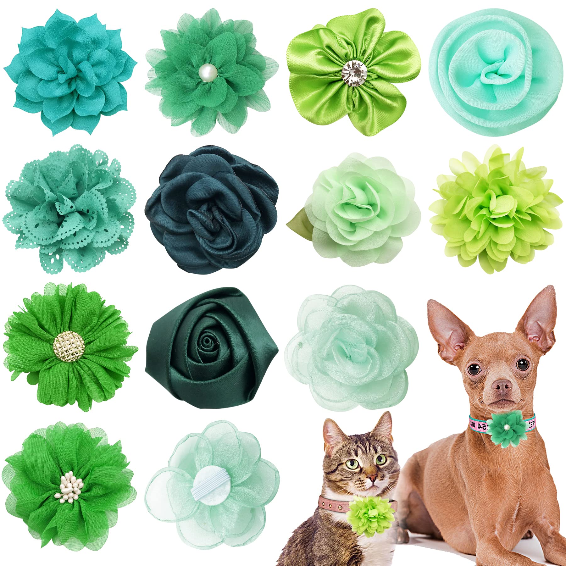 Pet Show 12Pcs Green Dog Collar Bows And Flowers Attachment For Girls Boys Puppies Cats Small Medium Dogs Collars Embellishment Decor For Wedding Birthday Parties Grooming Accessories