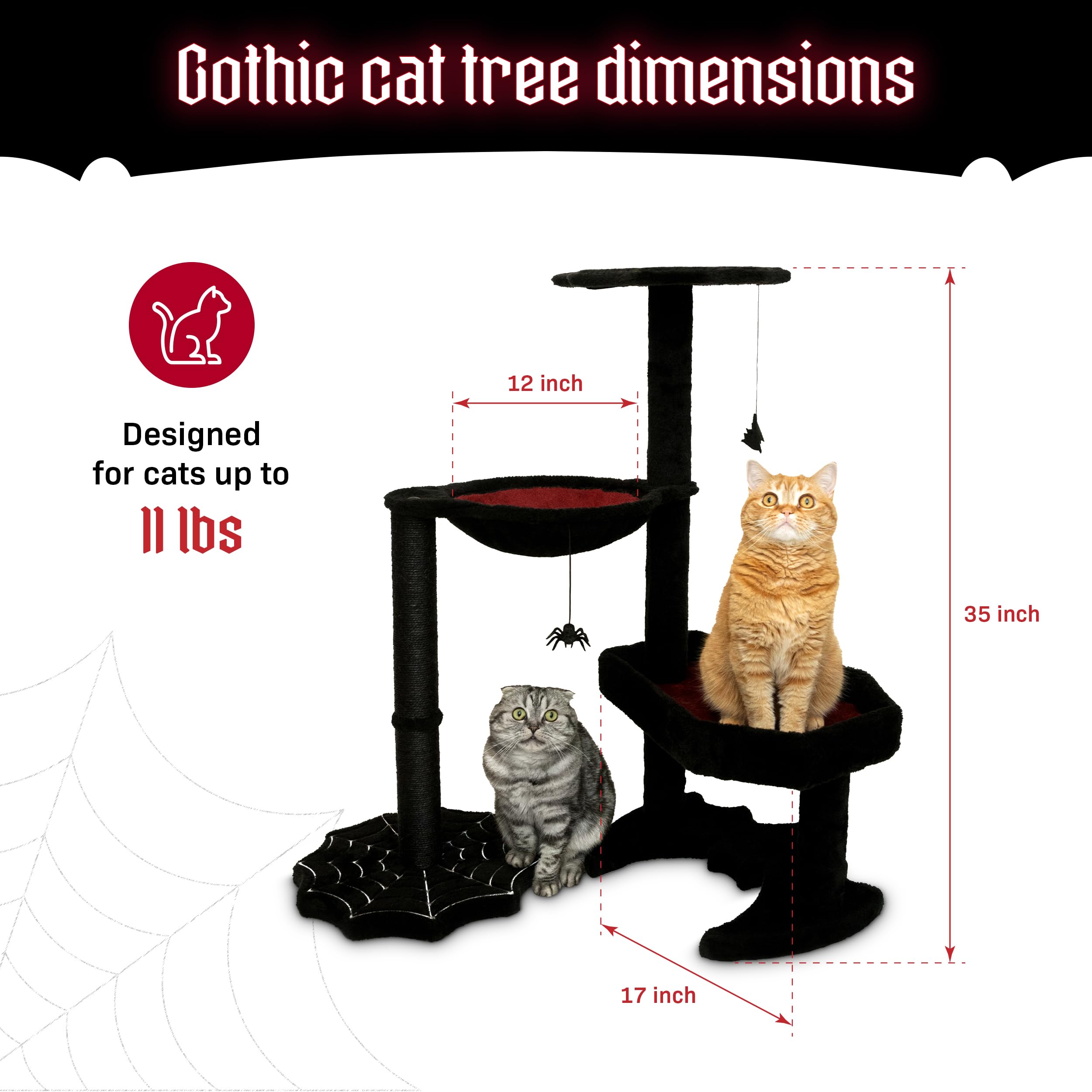 Littlesy Gothic Cat Tree With Coffin Cat Bed, Hammock, Spider & Bat Goth Cat Toys - 35 Inch Tall Coffin Cat Tree For Gothic Love