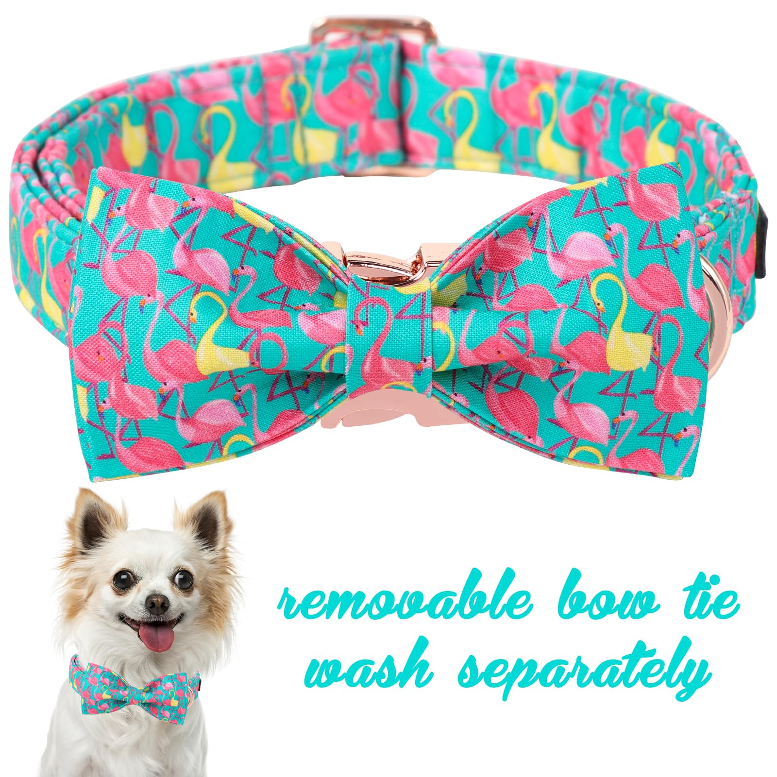 Unique Style Paws Summer Dog Collar With Bow, Flamingo Bow Tie Dog Collar,Cute Puppy Collar Green Dog Bow For Girl,Boy Dogs,S,10