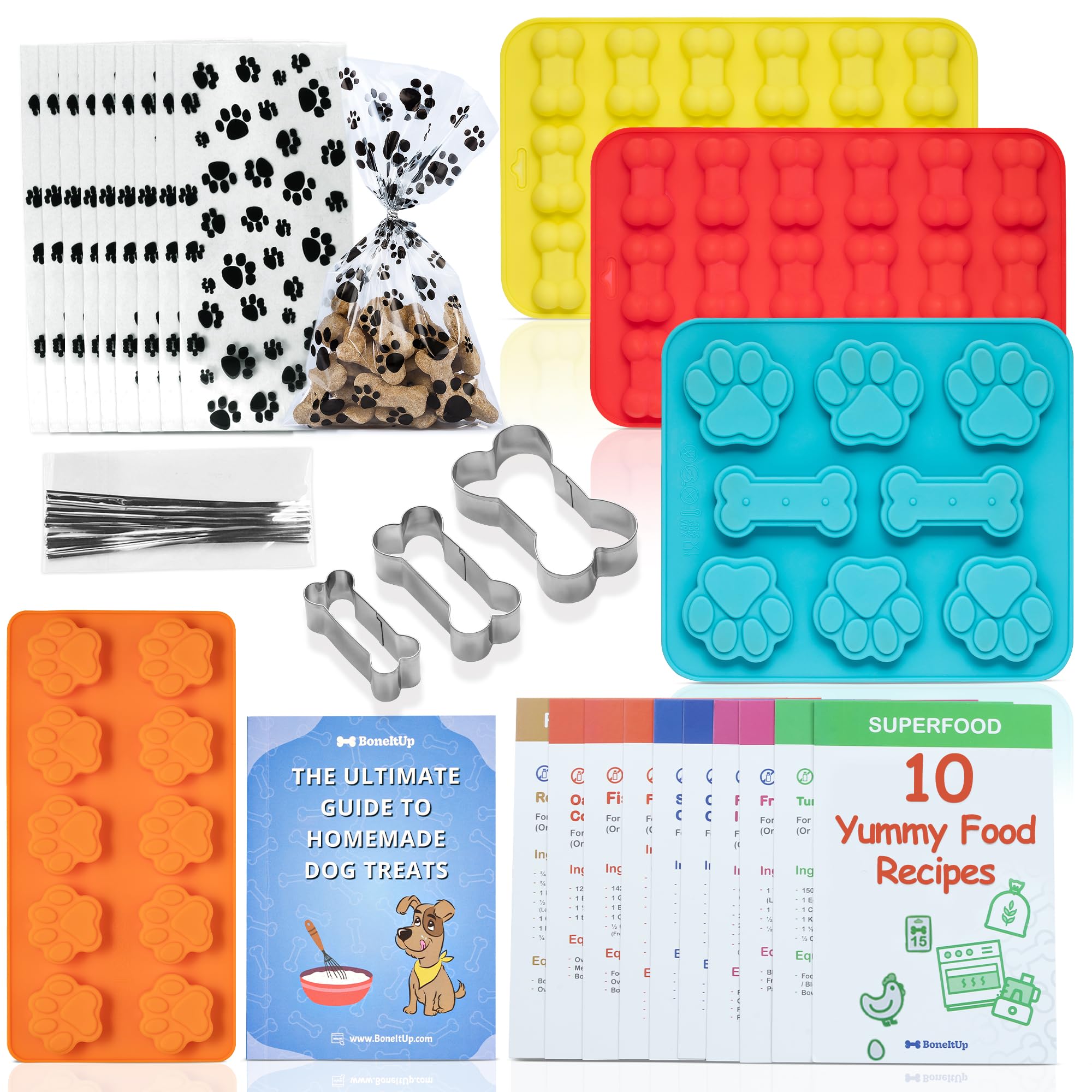 BoneItUp Homemade Dog Treats Set Silicone Molds Cookie Cutters with Healthy Vet Approved Recipes, Puppy Treats with Paws & Bones