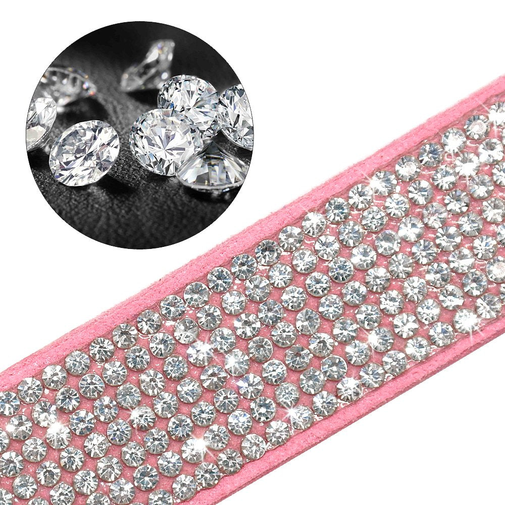 Beirui Rhinestone Bling Leather Dog & Cat Collar - Flocking Sparkly Crystal Diamonds Studded - Cute Double Bowknot For Pet Show & Daily Walking,Pink,Xs Neck Fit 8-10'