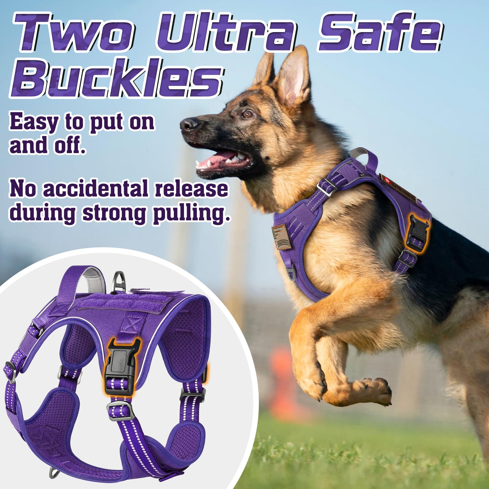 Rabbitgoo Dog Harness No Pull, Military Dog Harness Medium Sized Dog With Handle & Molle, Easy Control Service Dog Vest Harness Training Walking, Adjustable Reflective Tactical Pet Harness, Purple, M