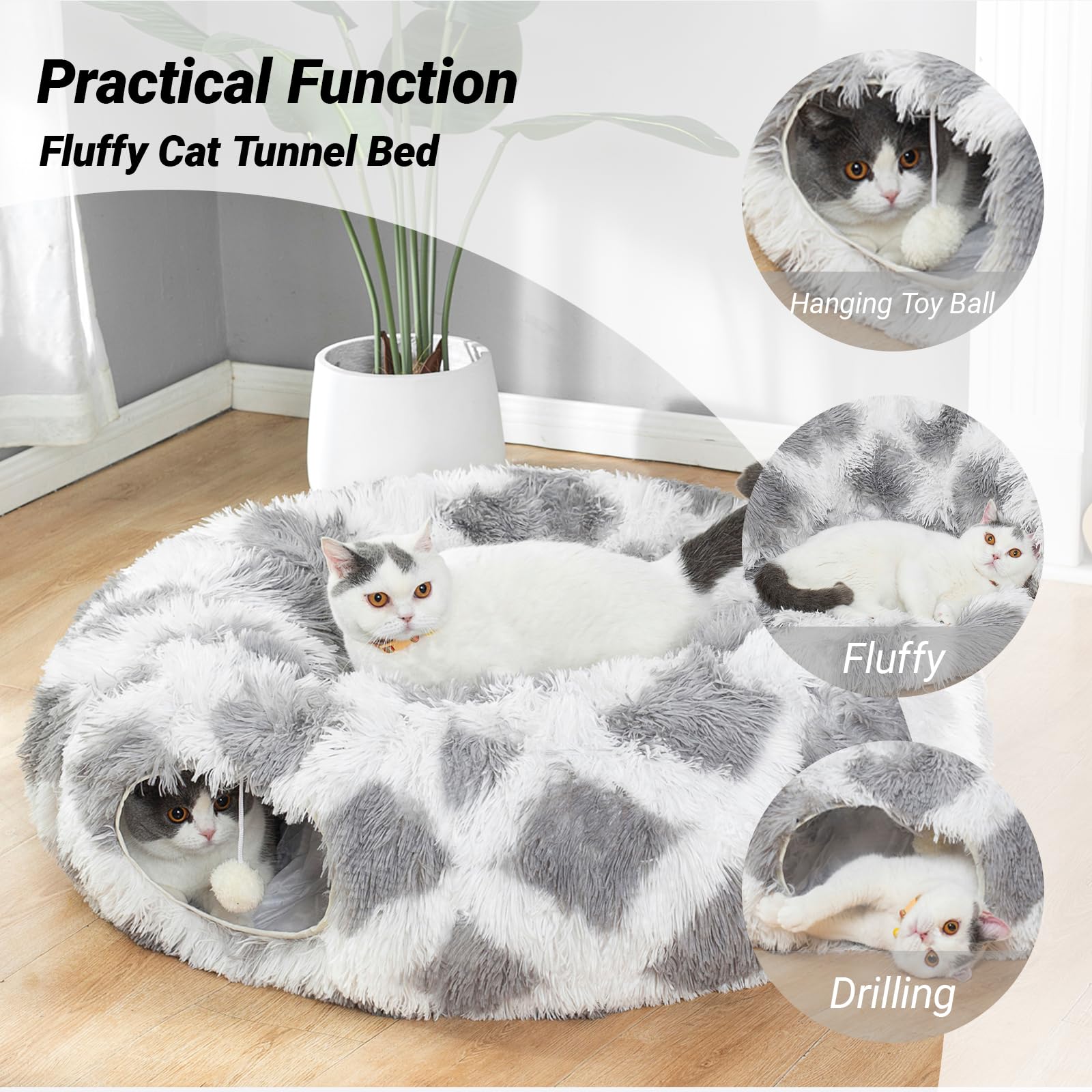 LUCKITTY Warm Fluffy Plush Cat Dog Tunnel Bed with Washable Cushion- Big Tube Playground Toys 3 FT Diameter Collapsible, for Ind