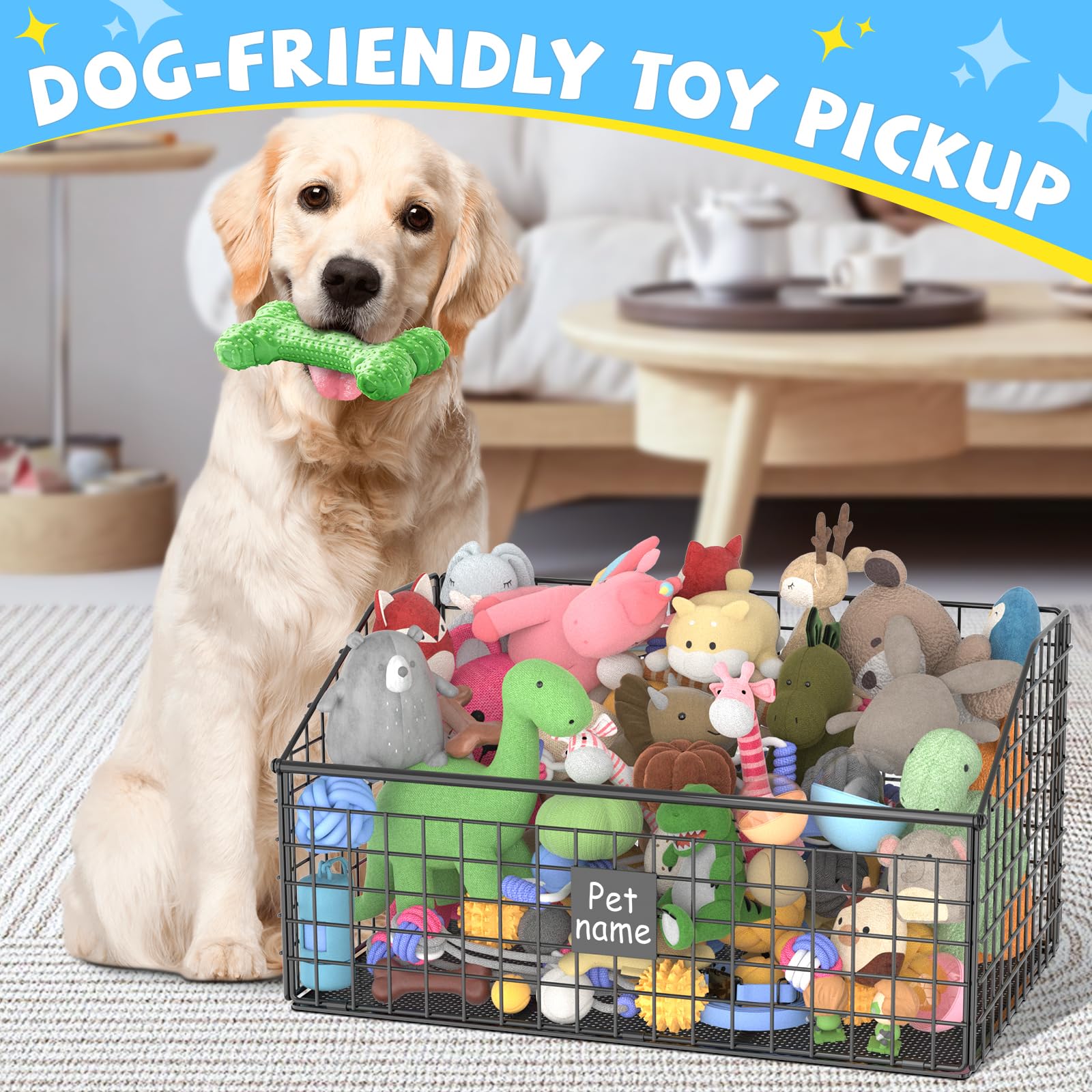 Kaiferty Indestructible Dog Toy Bin, Large Metal Organizer Basket, 20.8"x13"x11", Black