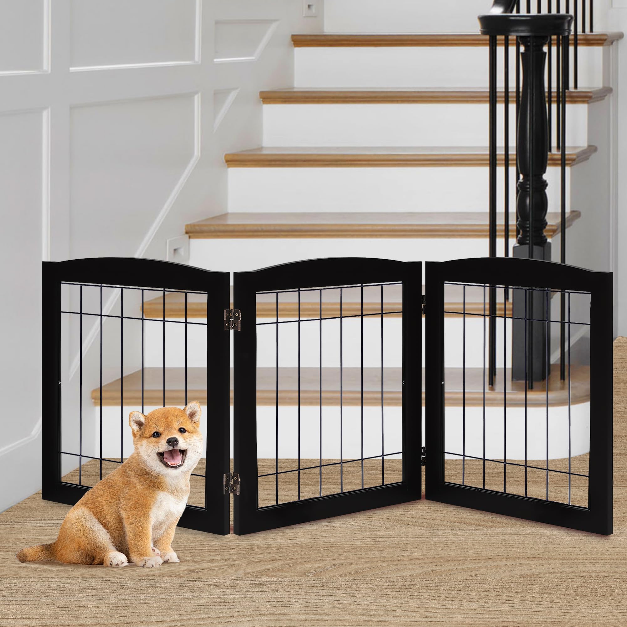 Lzrs 3-Panel Freestanding Foldable Wooden Dog Gate -Solid Wood & Steel Wire Chew-Resistant Indoor Safety Pet Fence For Doorways 