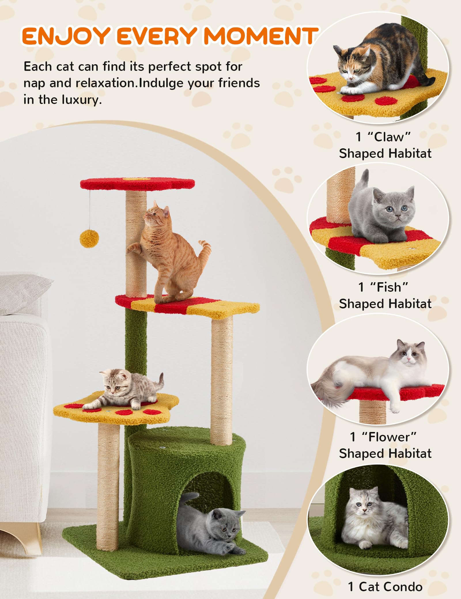 Flower Cat Tree 37In Cute Cat Tree Tower For Indoor Cats With 3 Sisal Covered Scratching Posts, Cozy Tower Condo, Padded Top Per
