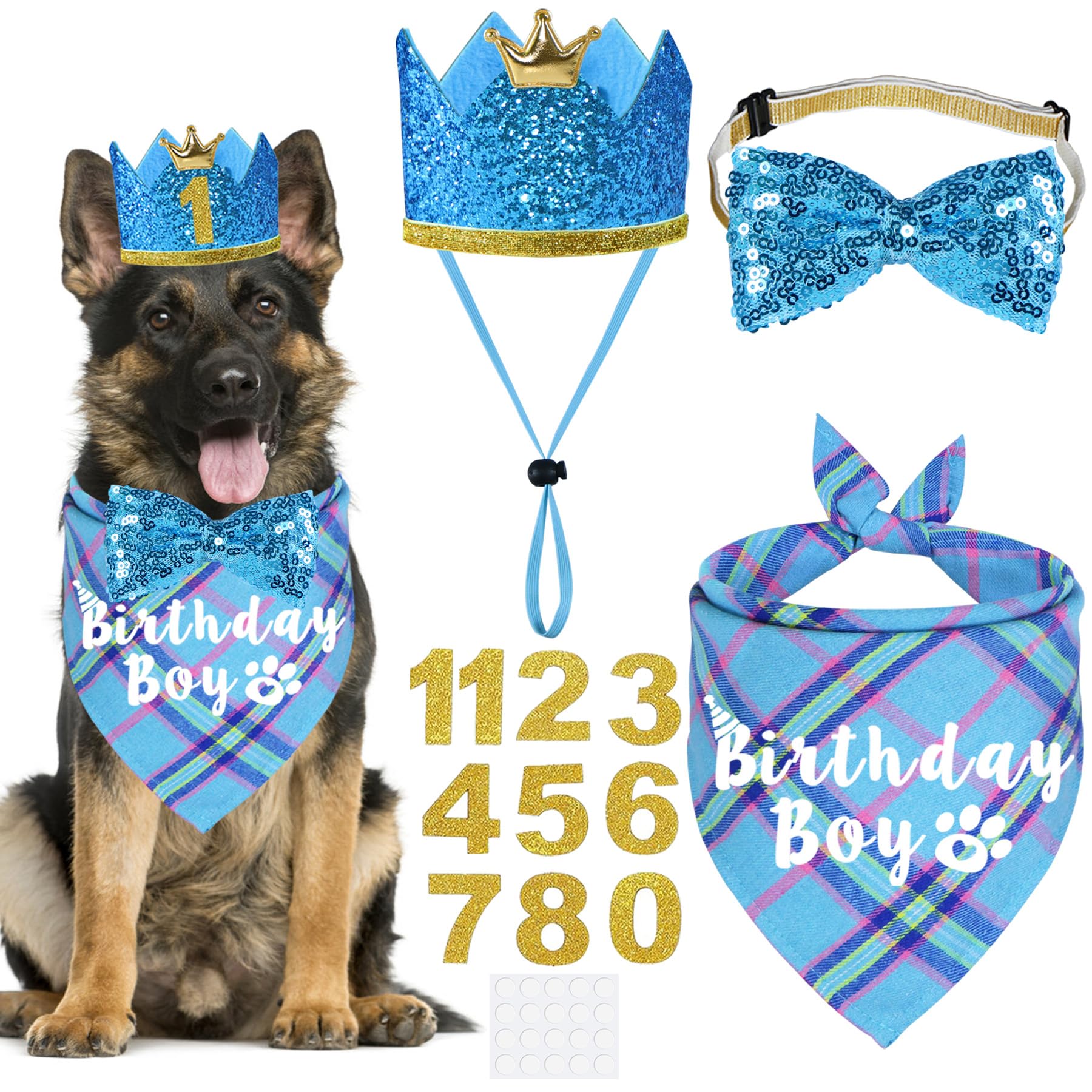 JOTFA Dog Birthday Party Supplies, Multi Sizes Dog Birthday Bandana Boy Dog Birthday Hat Crown with Birthday Numbers Bow Tie for