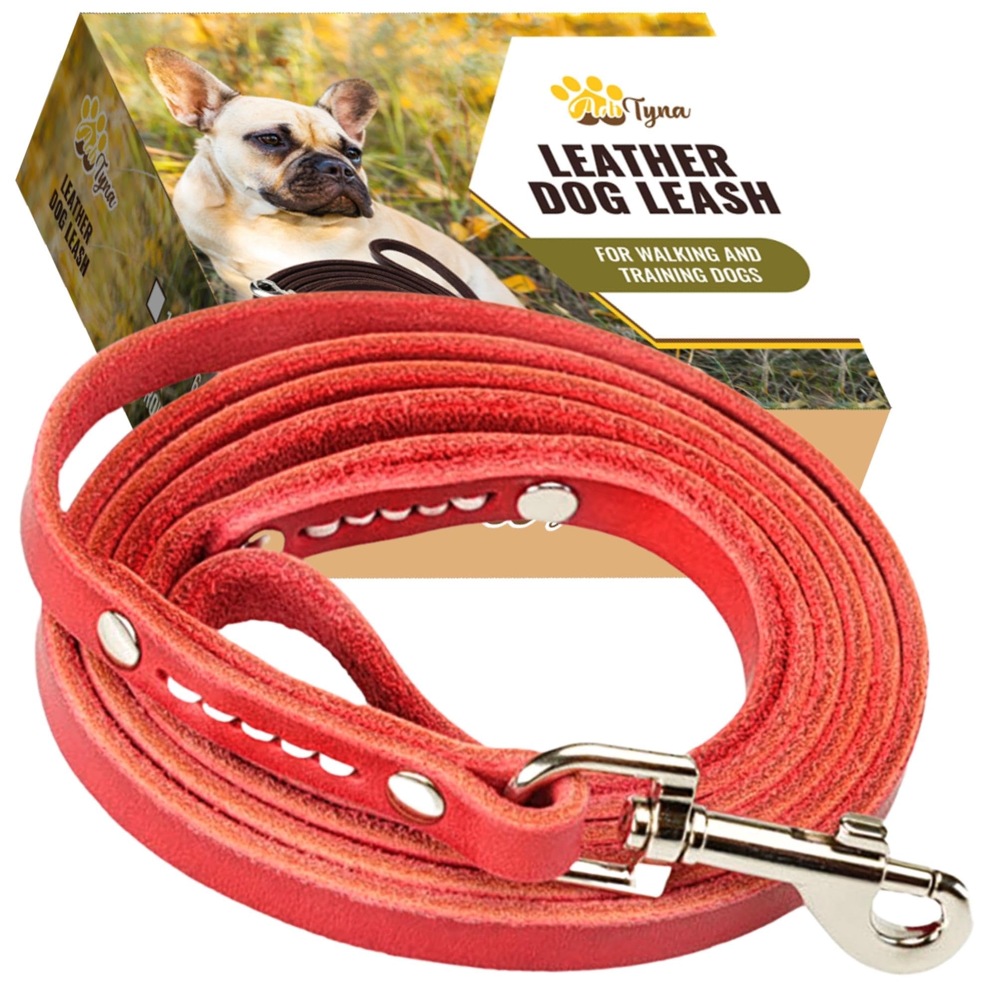 Adityna - Premium Leather Dog Leash - 6 Ft, Heavy-Duty, Soft & Strong For Small/Medium Dogs (Small: 6 Ft X 1/2, Red)