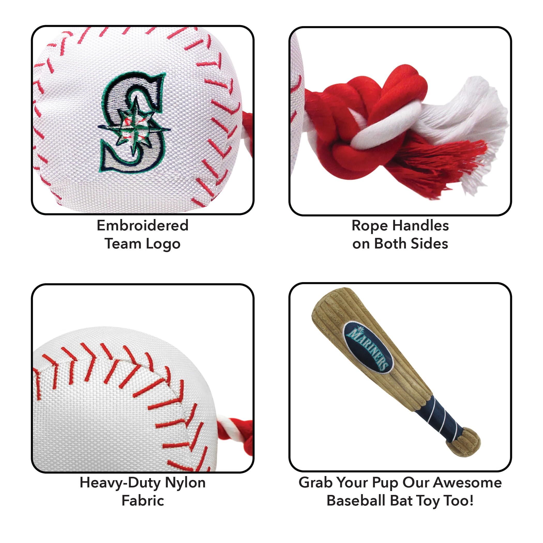 Mlb Seattle Mariners Baseball Rope Toy For Dogs & Cats. Tough Nylon, Sporty Baseball Design, Heavy-Duty Ropes With Inner Squeake