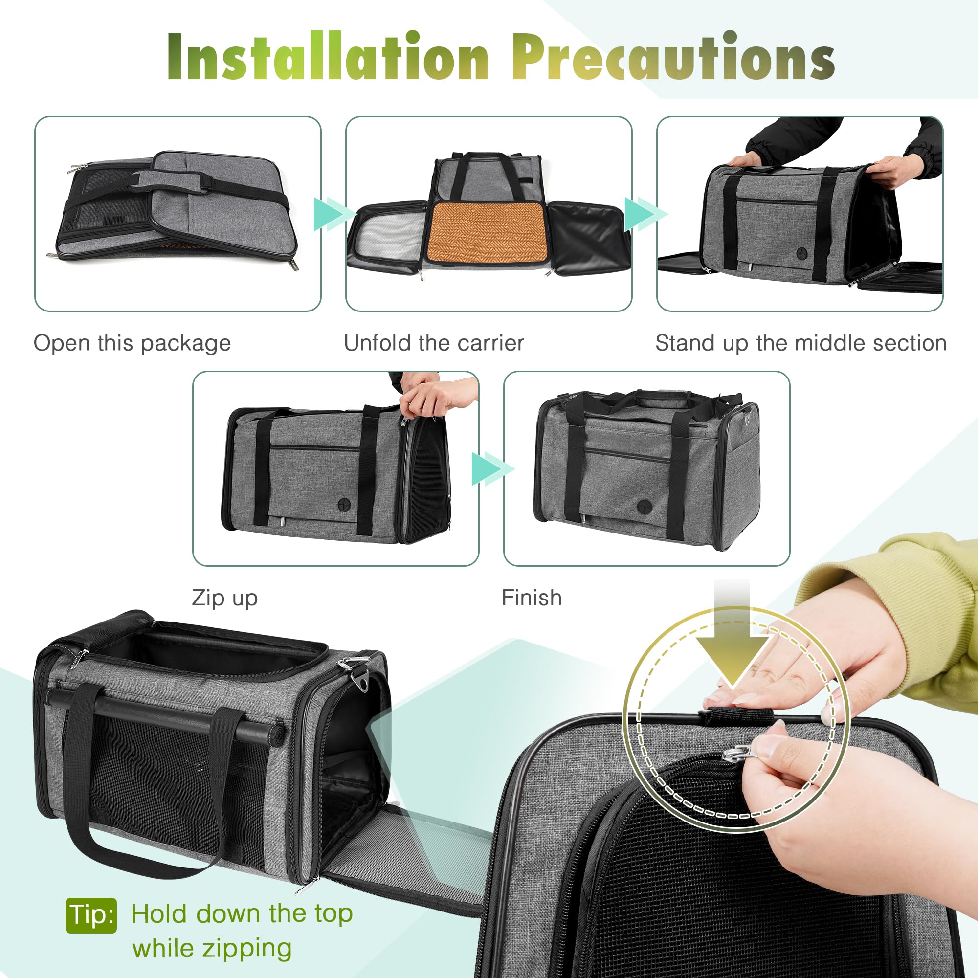 Yudodo 25 Lbs Lightproof Pet Carriers Airline Approved Dog Cat Travel Soft Sided Carrier Reflective Mesh Safe Pet Cat Carrier Foldable Portable Small Animal Rabbit Puppy Cat Carrier Grey Green