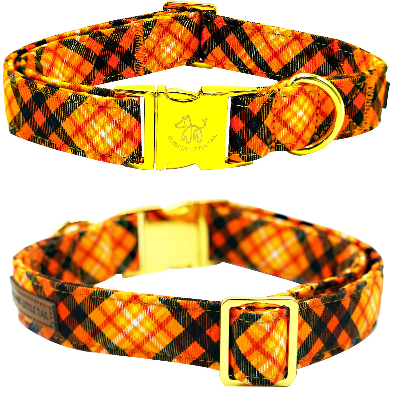 Elegant Little Tail Orange Plaid Cotton Dog Collar With Metal Buckle For Small Dogs