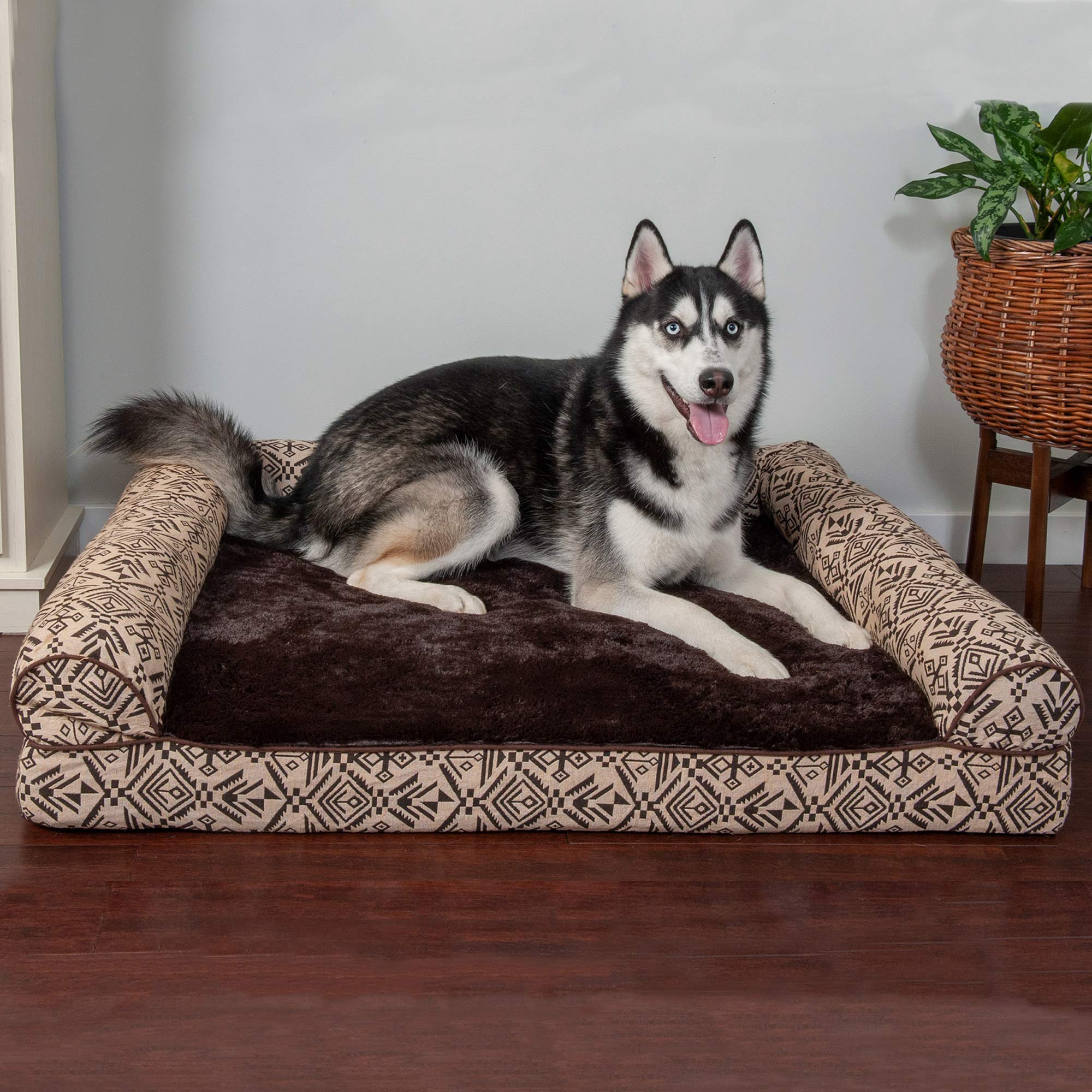 Furhaven Orthopedic Dog Bed For Large Dogs W/ Removable Bolsters & Washable Cover, For Dogs Up To 95 Lbs - Plush & Southwest Kilim Woven Decor Sofa - Desert Brown, Jumbo/Xl