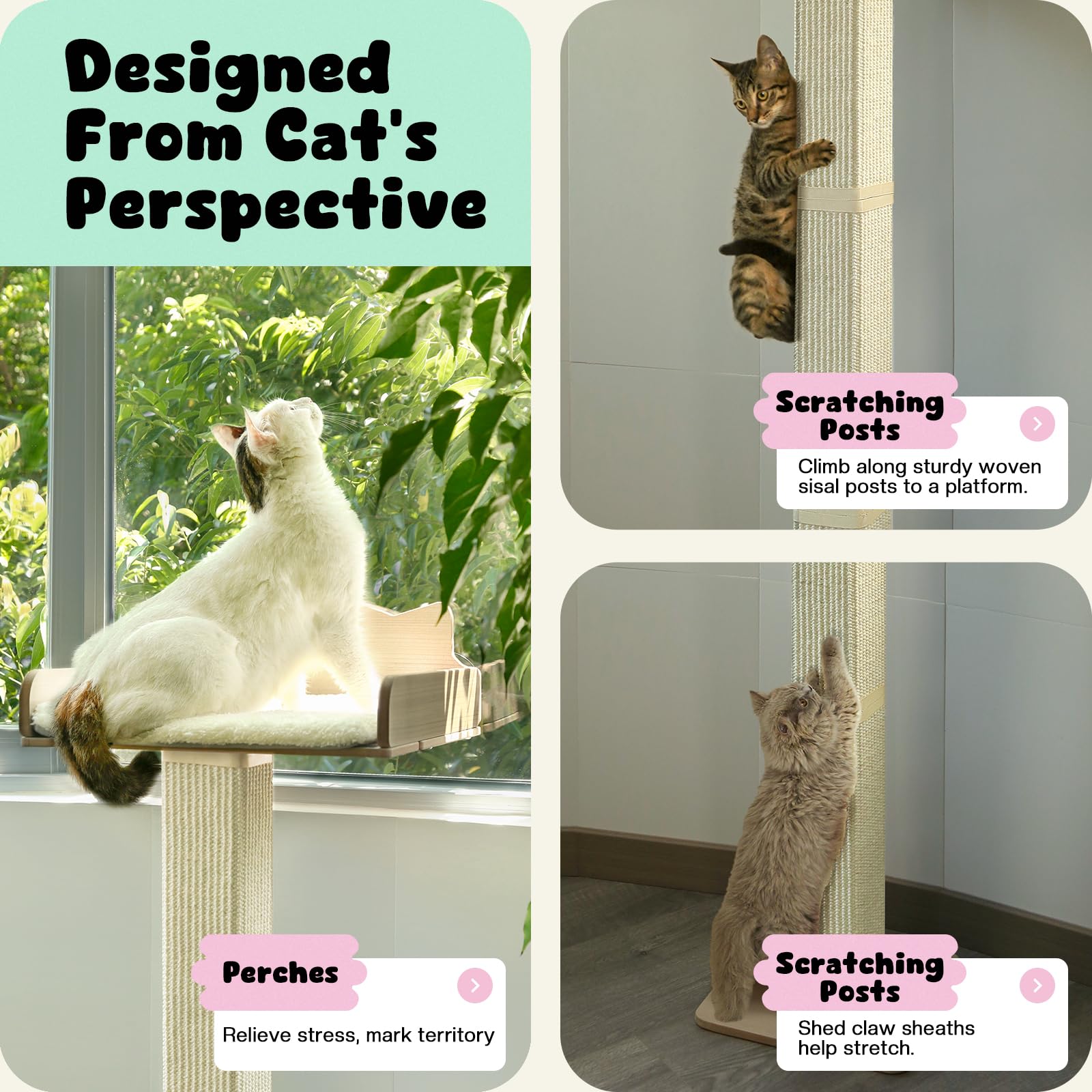 Cat Window Perch With Scratching Post, Cat Hammock For Window With 2 Suction Cups, Sisal Tall Cats Scratching Post With Large Pe