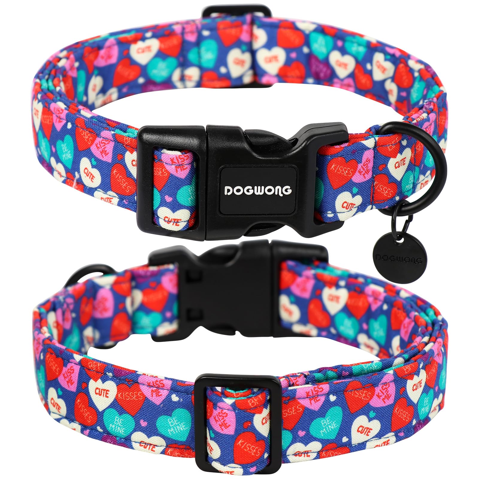 Dogwong Valentine'S Dog Collar - Blue Heart Candy Adjustable Cotton Heart Dog Collar - Perfect For Small To Medium Dogs
