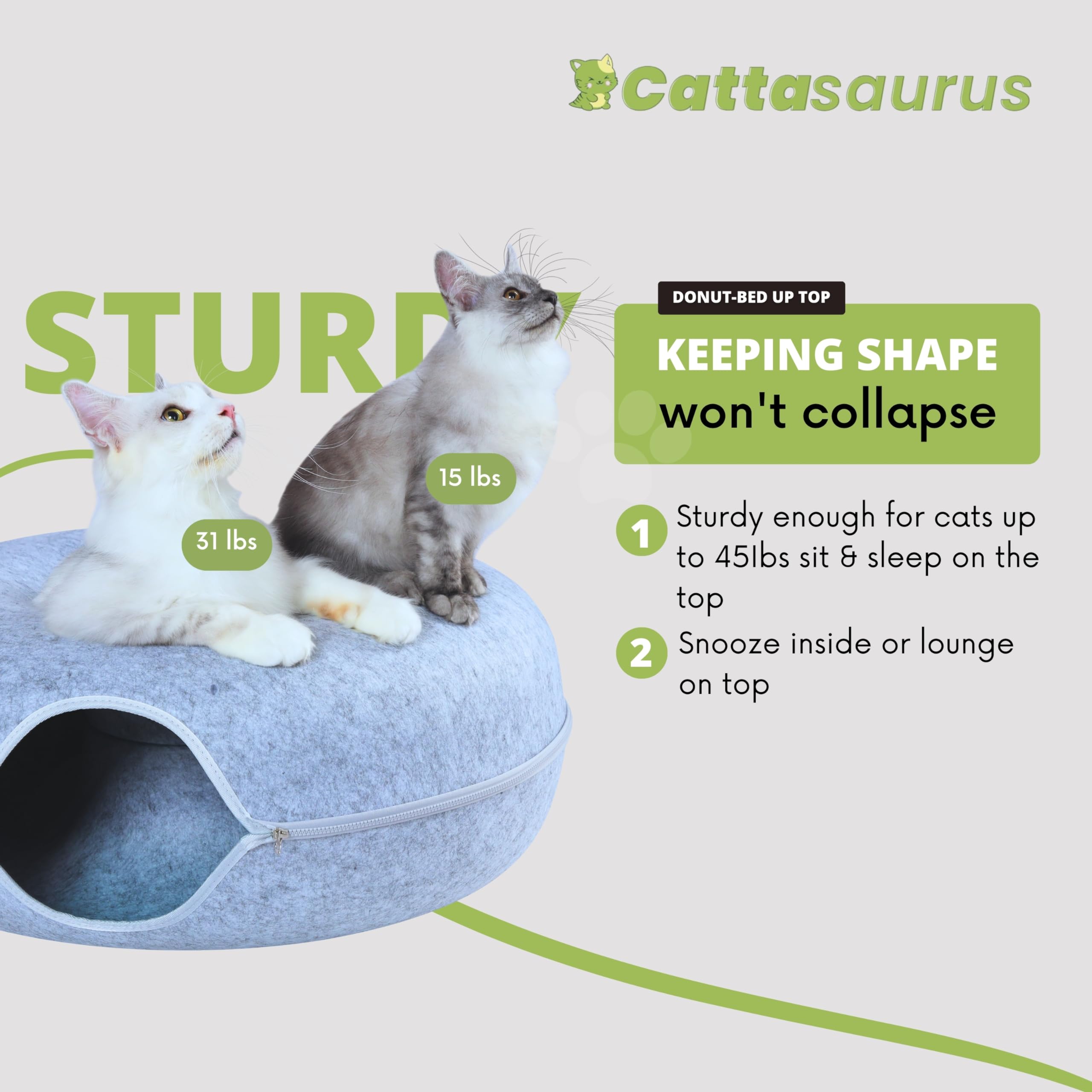 Cattasaurus Peekaboo Cat Cave For Multiple & Large Cats Up To 30-45 Lbs, Scratch Detachable & Washable Tunnel Bed, Comfy Donut Cat Cave (Light Gray, Jumbo)