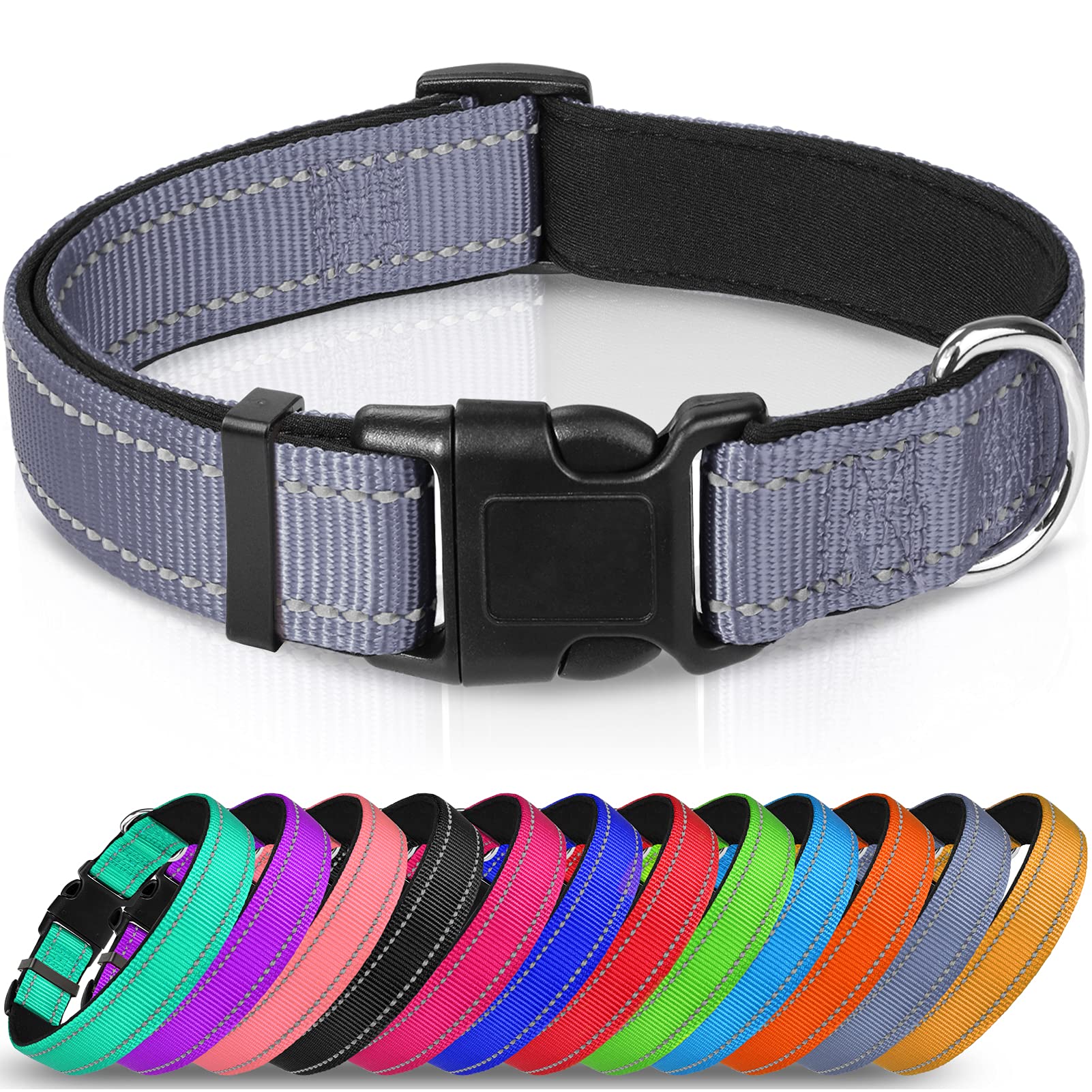 Joytale Reflective Dog Collar,Soft Neoprene Padded Breathable Nylon Pet Collar Adjustable For Extra Large Dogs,Gray,Xl