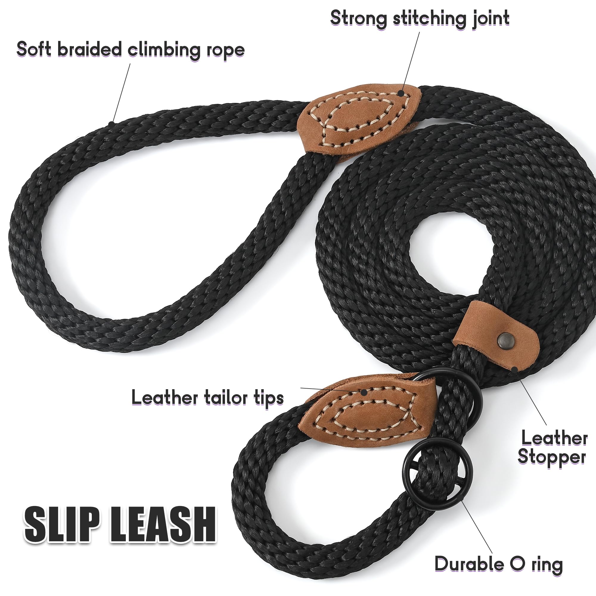 Mile High Life Slip Leads For Dogs | Heavy Duty Dog Training Leash | 5 Feet No Pull Slip Leashes W Leather Tip | Black Rope Lead For Dogs Outside