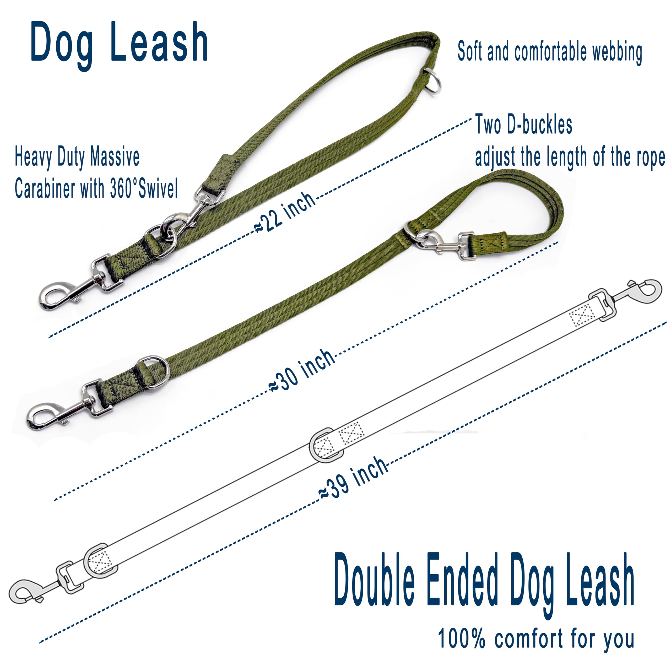 Double Ended Dog Leash,For Obedience Training Easy To Use,Lightweight,Soft For Large And Medium Dogs (Blue, 1M*2.5Cm)
