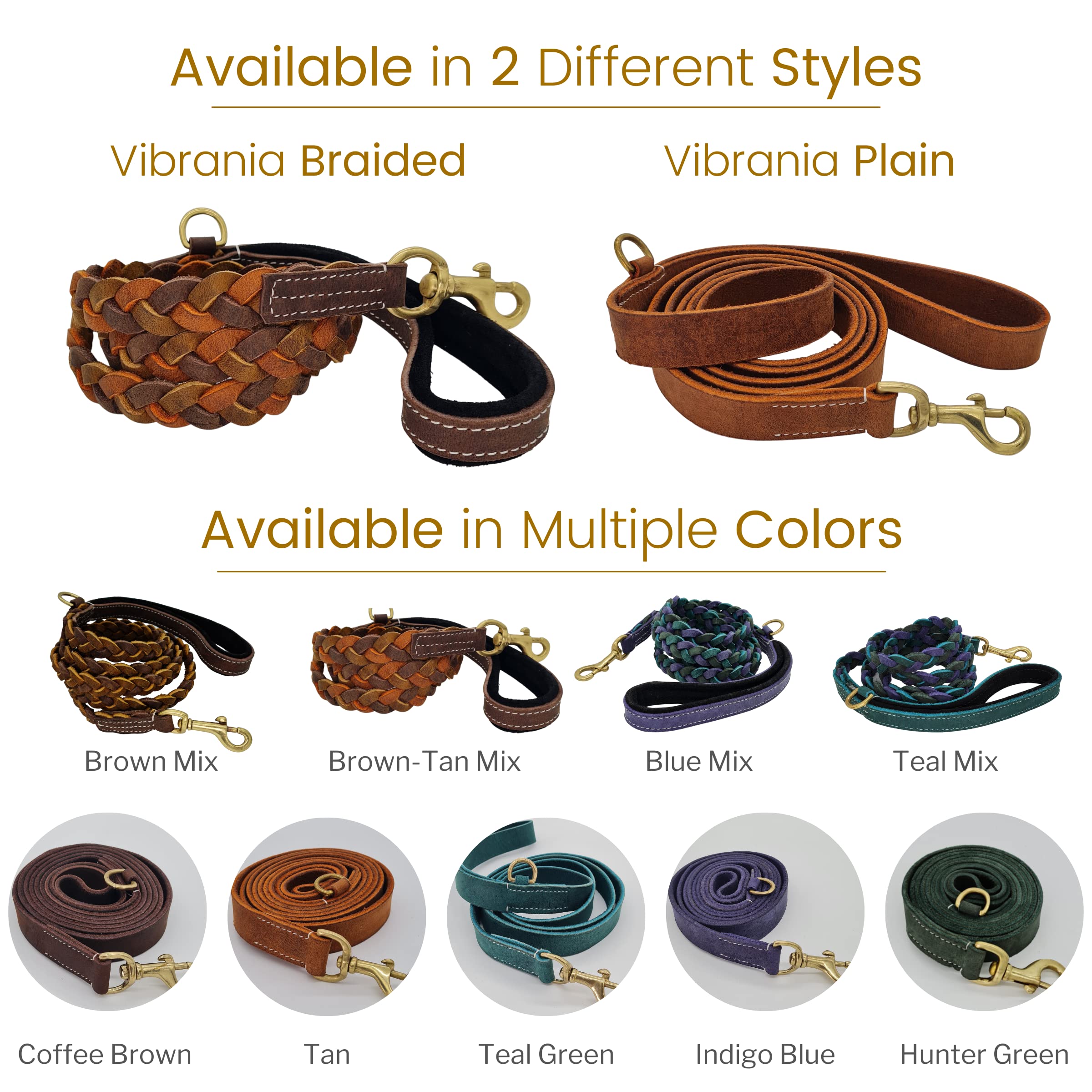 Blazing Paws Vibrania 6 Ft Heavy Duty 1 Inch Wide Super Soft Thick Distressed Premium Leather Dog Leash With Side Ring, Full Bra