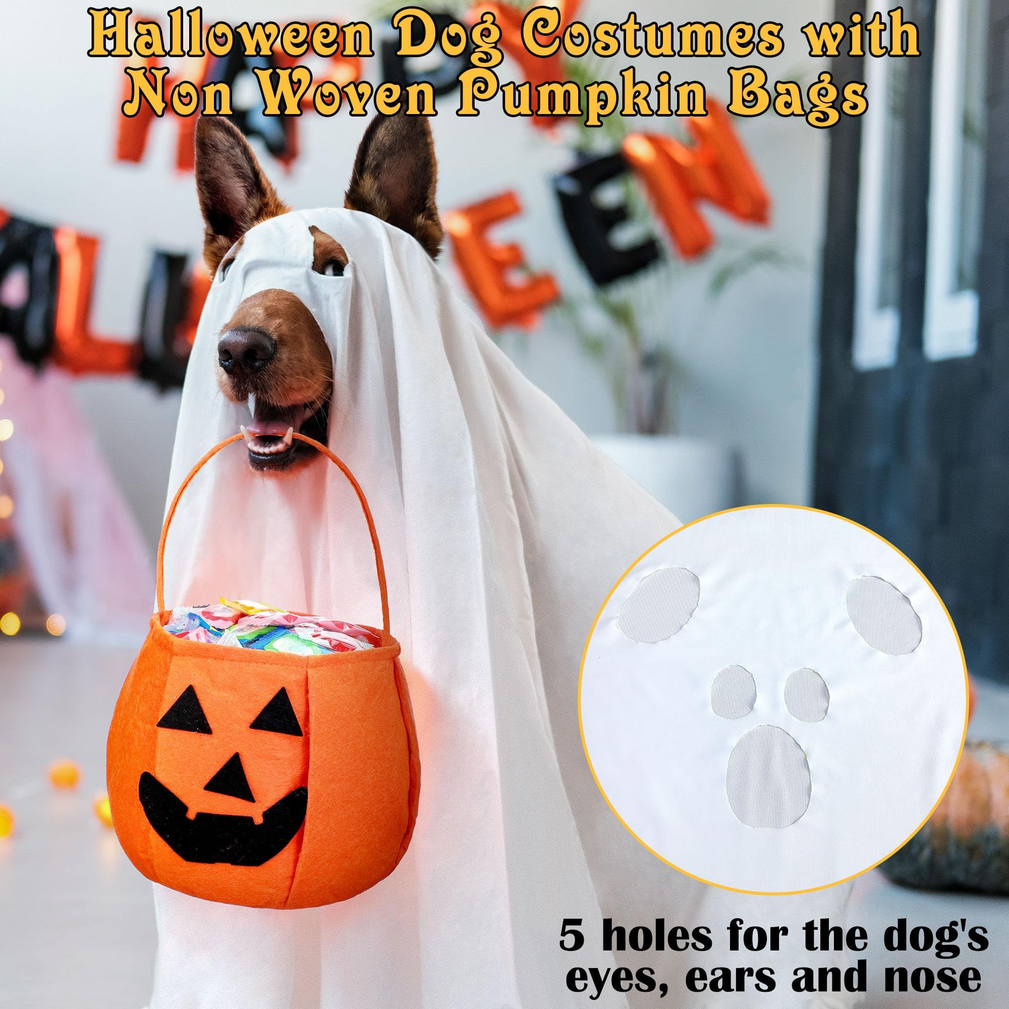 Huhumy 2 Pcs Halloween Dog Costumes with Non Woven Pumpkin Bags White Ghost Costume for Dog Cat Ghost Cosplay Clothes, Cute Part