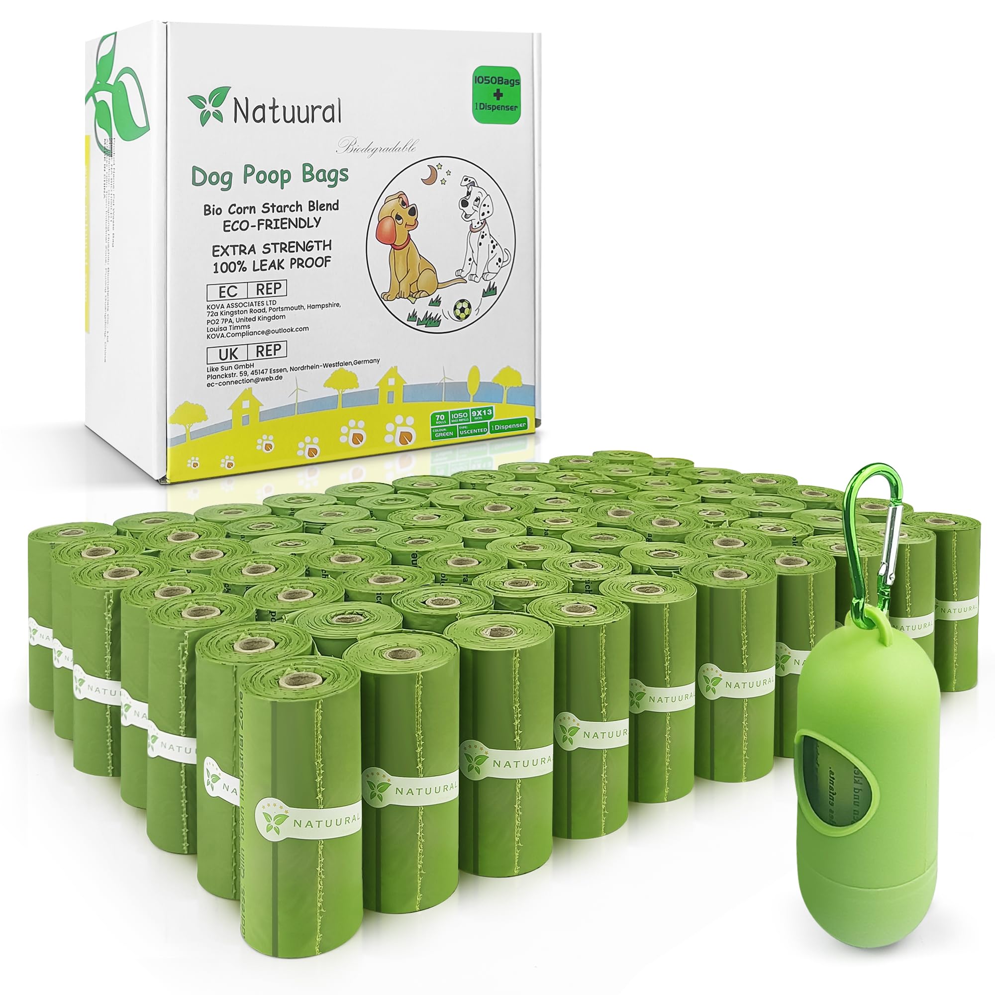 Poop Bags for Dogs-1050 Counts, 70 Rolls With a Free Dispensers, Doggie Poop Bags Made of Cornstarch, Extra Thick and 100% Leak 