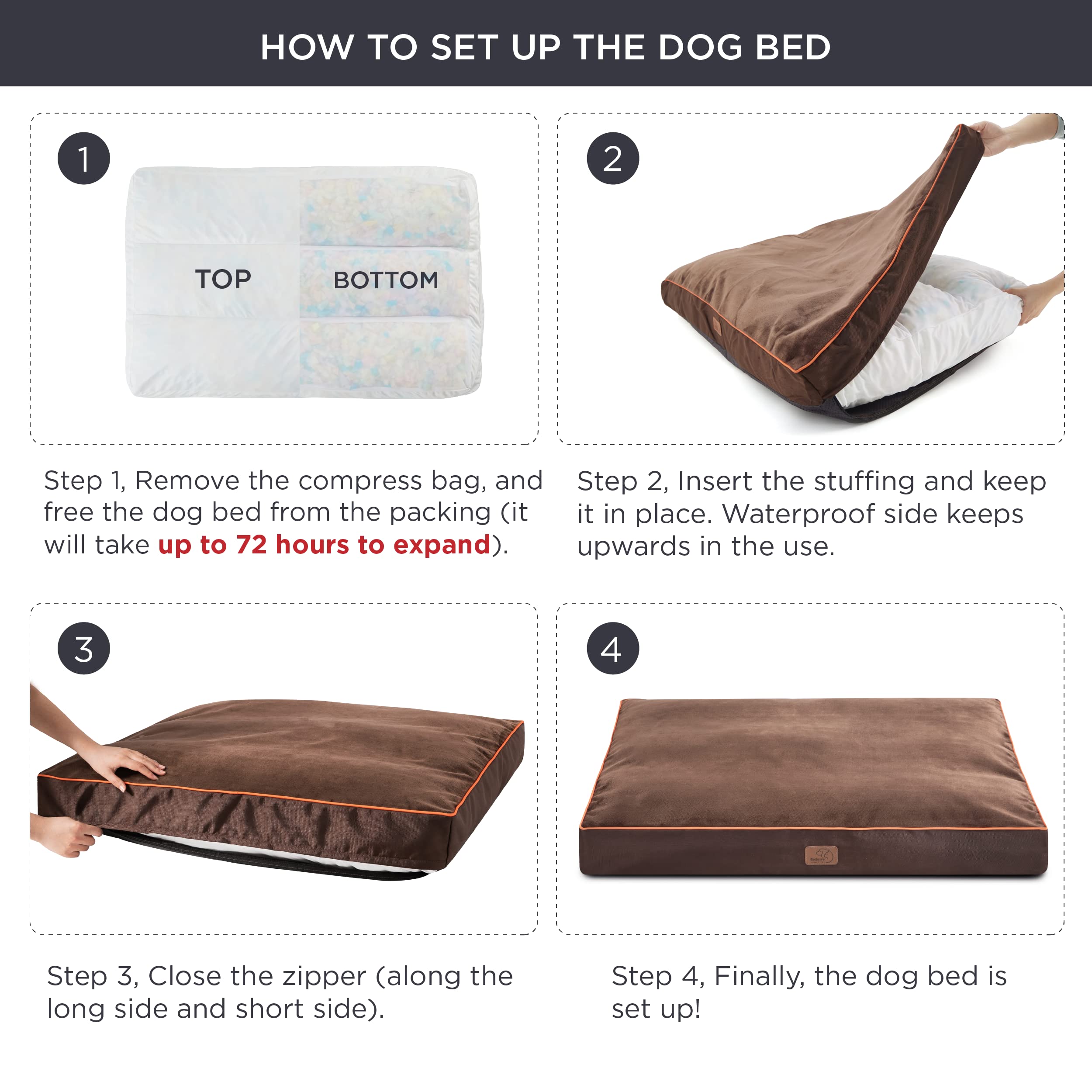 Bedsure Waterproof Dog Beds For Large Dogs - 4 Inch Thicken Up To 80Lbs Pet Mat Pillows With Removable Washable Cover, Brown