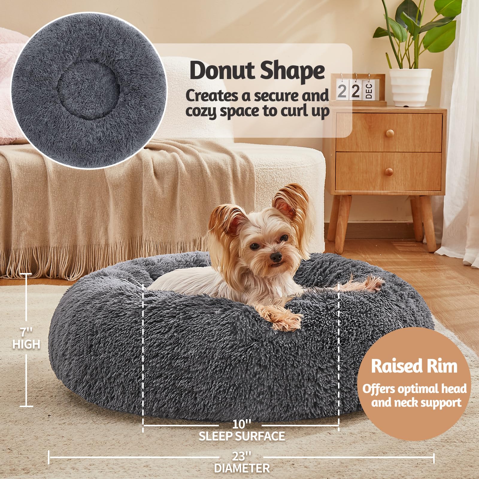Ohgeni Calming Donut Dog Bed Pillow For Small Medium Pets, Machine Washable Removable Cover, Comfort Plush Fluffy Faux Fur With Anti-Slip Bottom, Cats-Friendly Round Cuddly Design, Gray, 23 Inches