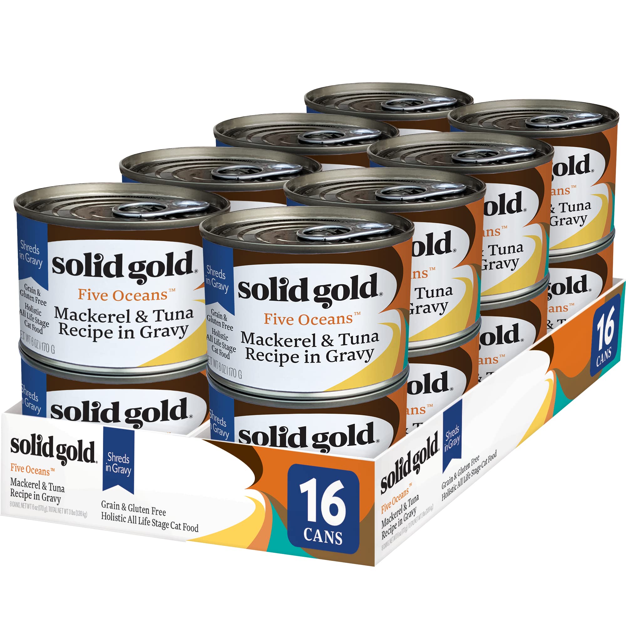 Solid Gold Wet Cat Food Shreds in Gravy - Canned Cat Food Made w/Real Tuna & Mackerel - Five Oceans Grain Free 16ct/6oz Can
