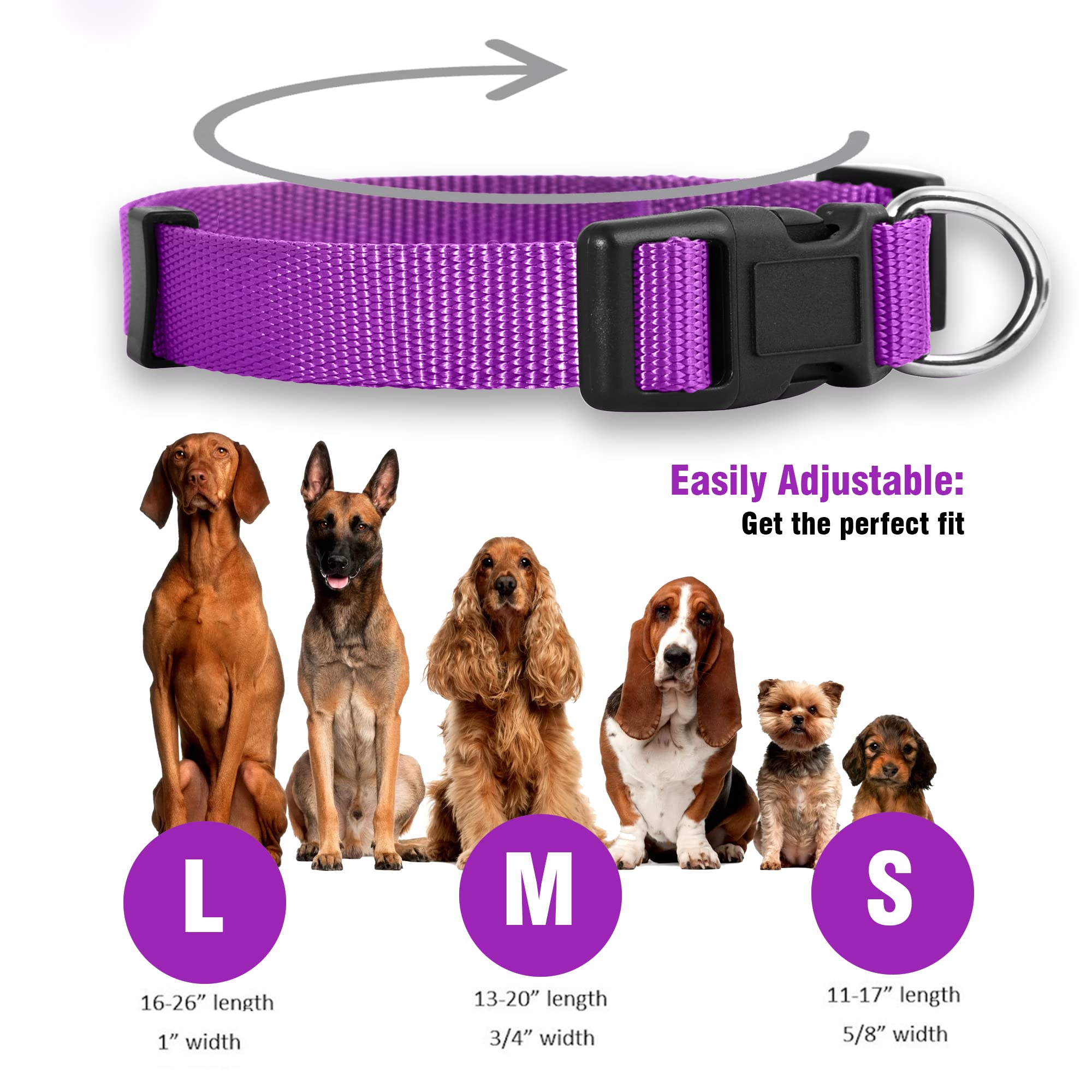 Native Pup Basic Nylon Dog Collar, Adjustable For Small, Medium, Large Pet And Puppies Accessories, Cute Colors For Male, Female, Boy, Girl, Puppy (Large, Purple)