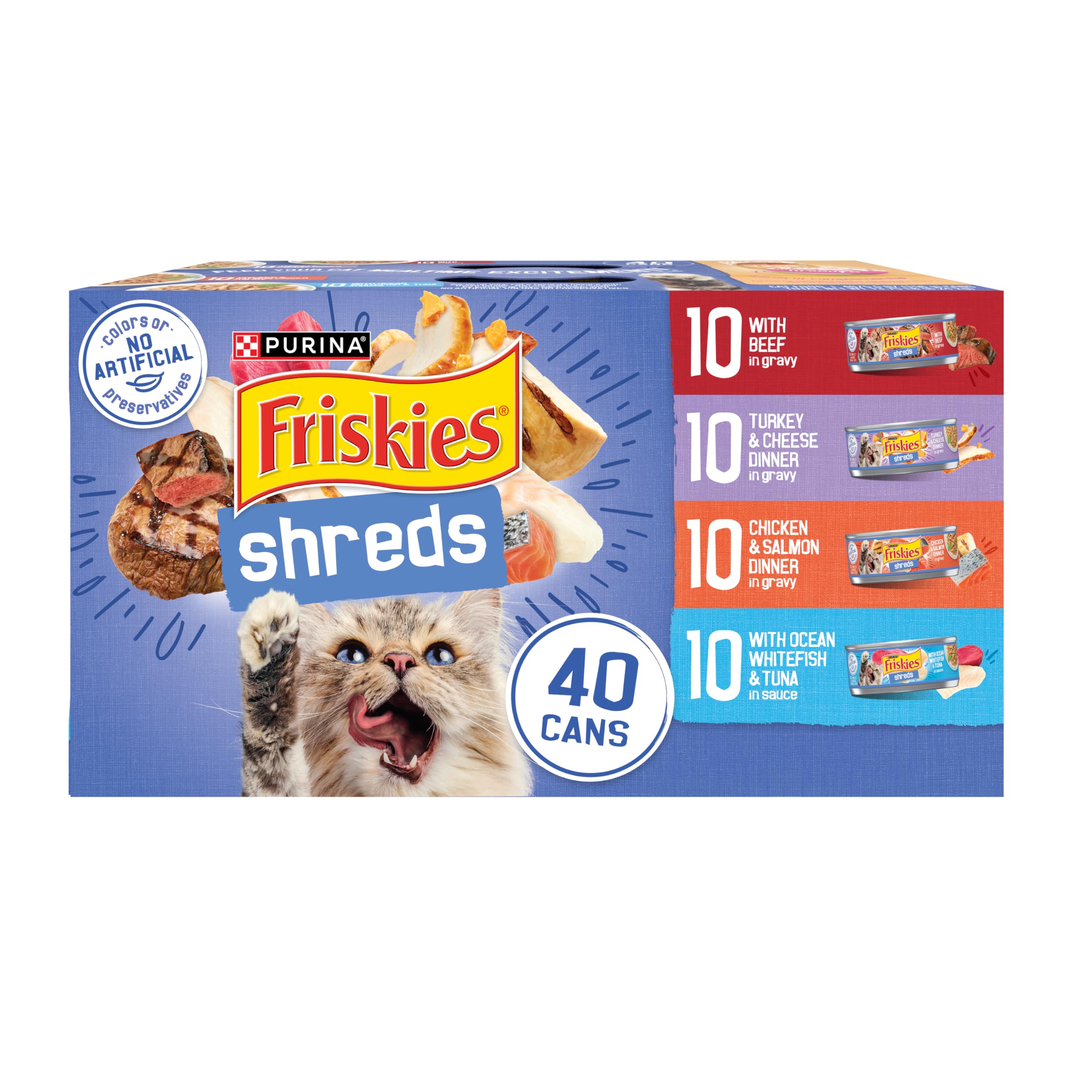 Purina Friskies Wet Cat Food Variety Pack, Shreds Beef, Turkey, Whitefish, and Chicken & Salmon - (Pack of 40) 5.5 oz. Cans