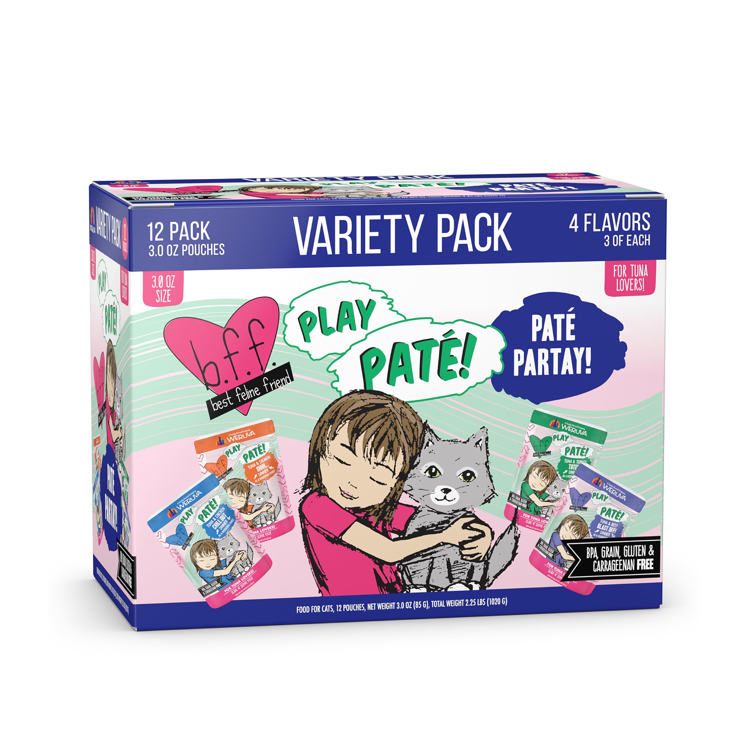 Weruva B.F.F. Play - Best Feline Friend Pat   Lovers, Aw Yeah!, Pat   Partay! Variety Pack, 3oz Pouch (Pack of 12)