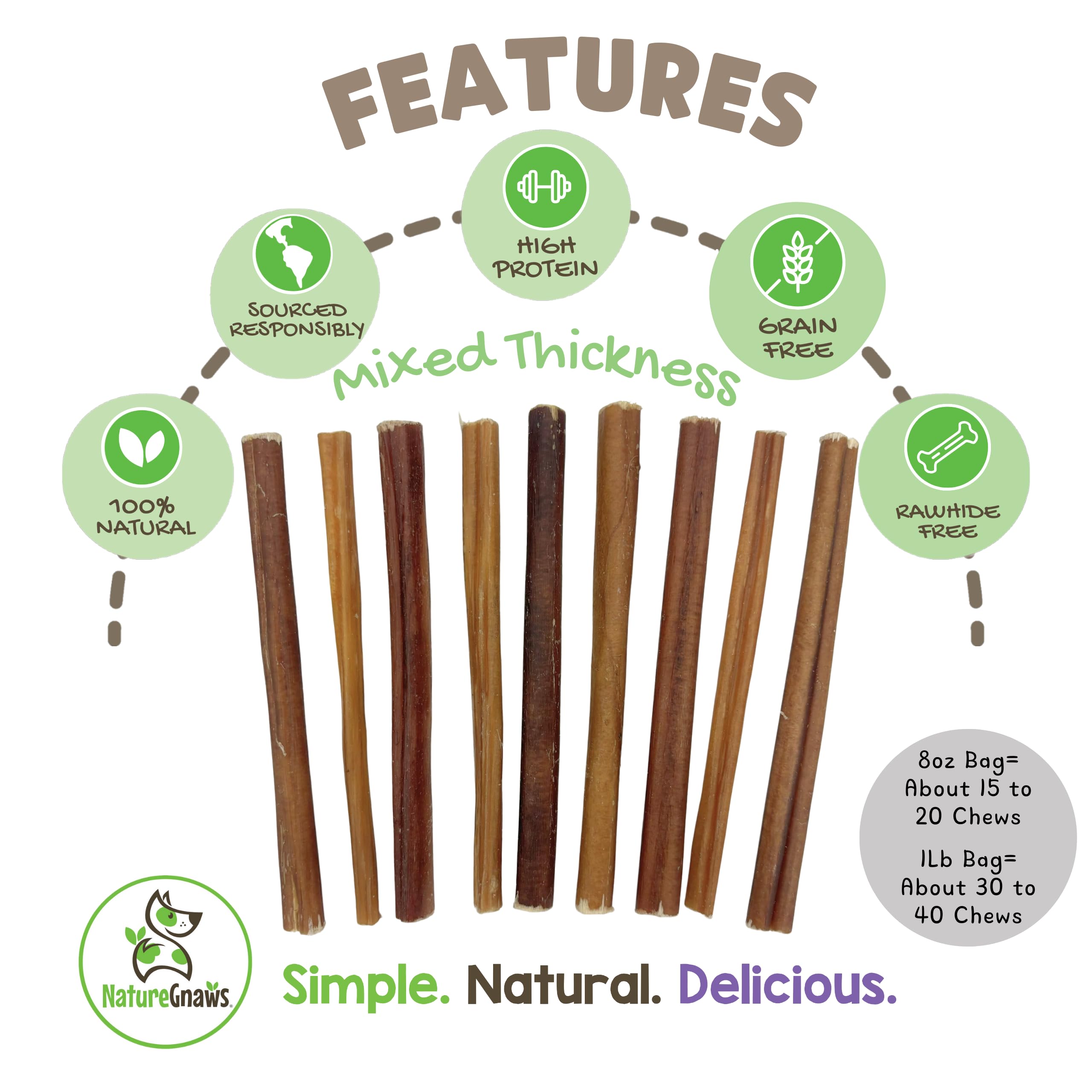 Nature Gnaws Thin Bully Sticks for Dogs 5-6 (8oz) - Mixed Thickness - Long Lasting for Small Dogs and Puppies - Natural Thin Bee