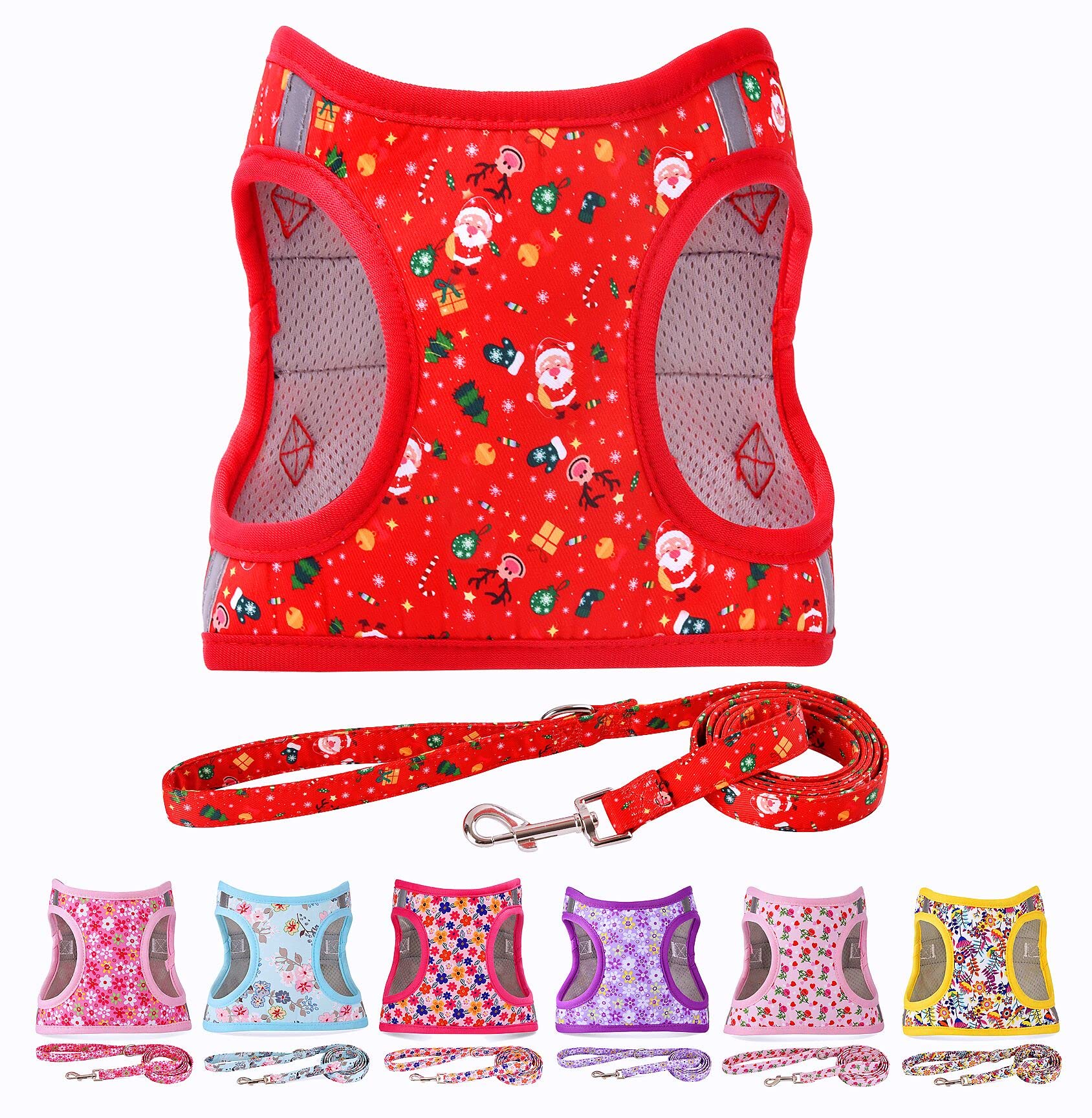 Moonpet Step in Christmas Xmas Day Dog Harness Leash Set- All Weather Reflective No-Pull Floral Pattern Padded Mesh Vest Harness