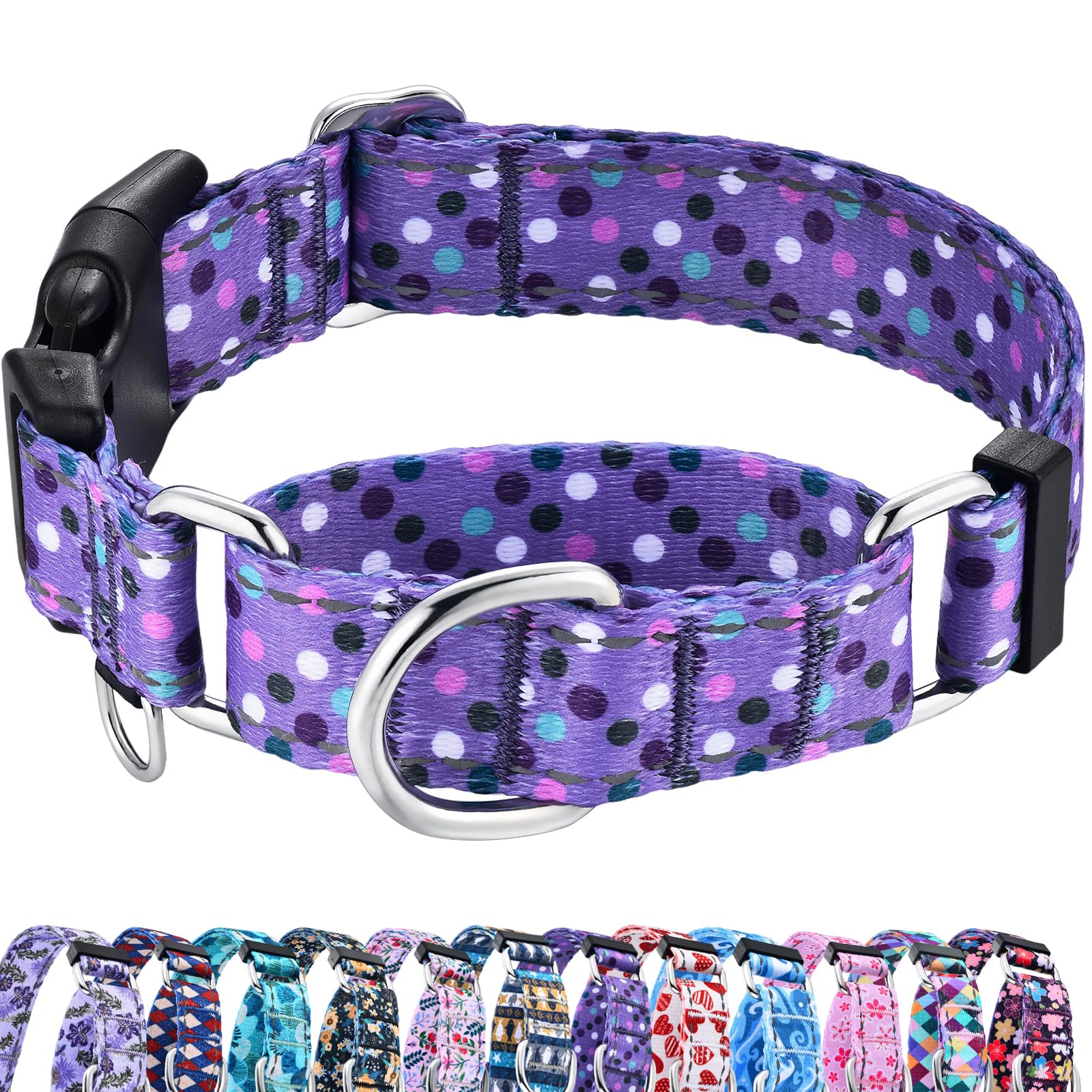 Fidohug Reflective Martingale Collar For Dogs With Quick Release Buckle Cute No Pull Training Dog Collars (Purple Polka Dot, Med