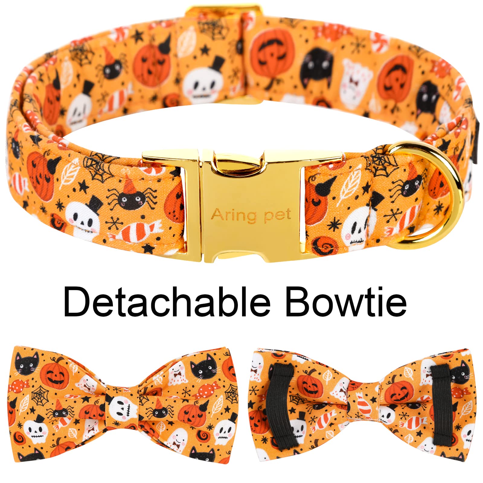 Aring Pet Dog Collar With Bow-Halloween Dog Collar Bowtie, Adorable Boy And Girl Ghost Pumpkin Dogs Bowtie Collar Gifts With Metal Buckle
