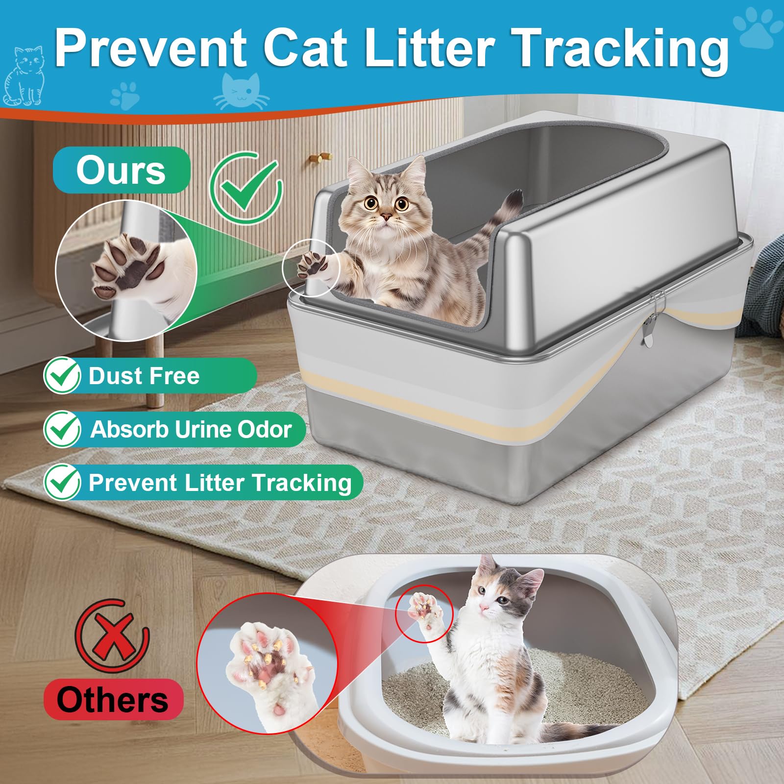 Xxl All Stainless Steel Sifting Litter Box With Lid,Sifting Cat Litter Box For Wood Pine Pellets,High Sides Sifter Litter Pan Sy