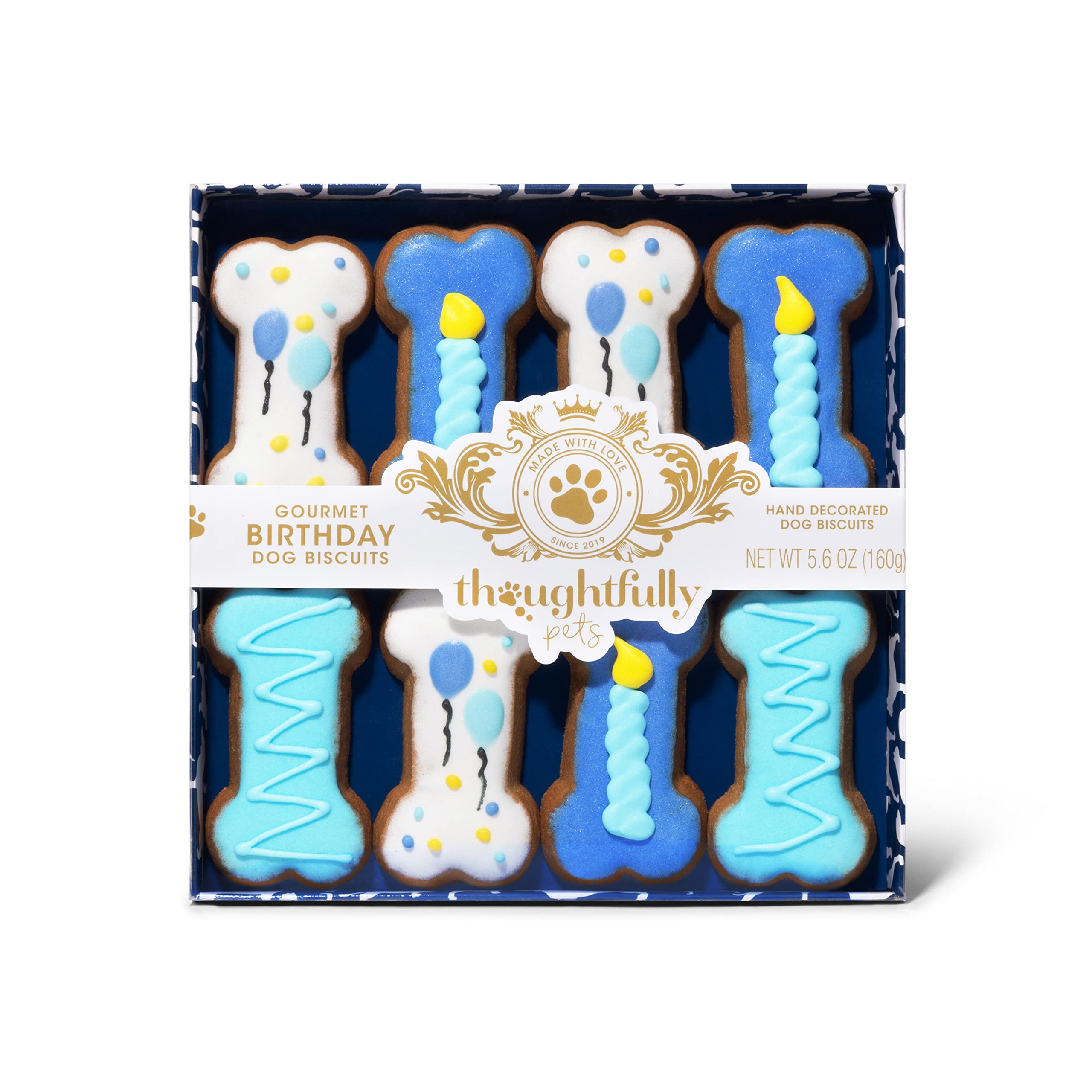 Thoughtfully Pets, Dog Birthday Cookie Gift Set, Hand Decorated Crunchy Treats in Bone Shapes, Great for Birthdays, Set of 8 (8